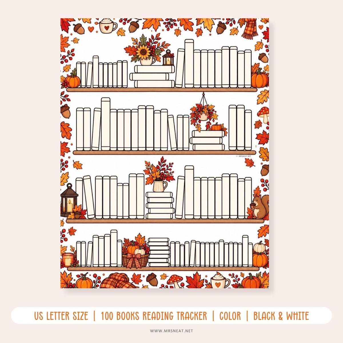 Fall Bookshelf Reading Tracker printable for a 100 books reading challenge with a cozy autumn bookshelf design