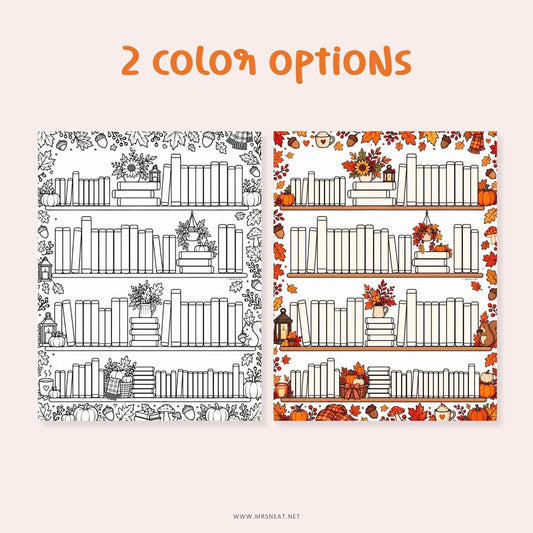 Autumn Bookshelf Reading Tracker featuring 100 book spaces for a cozy fall reading challenge and yearly reading goal