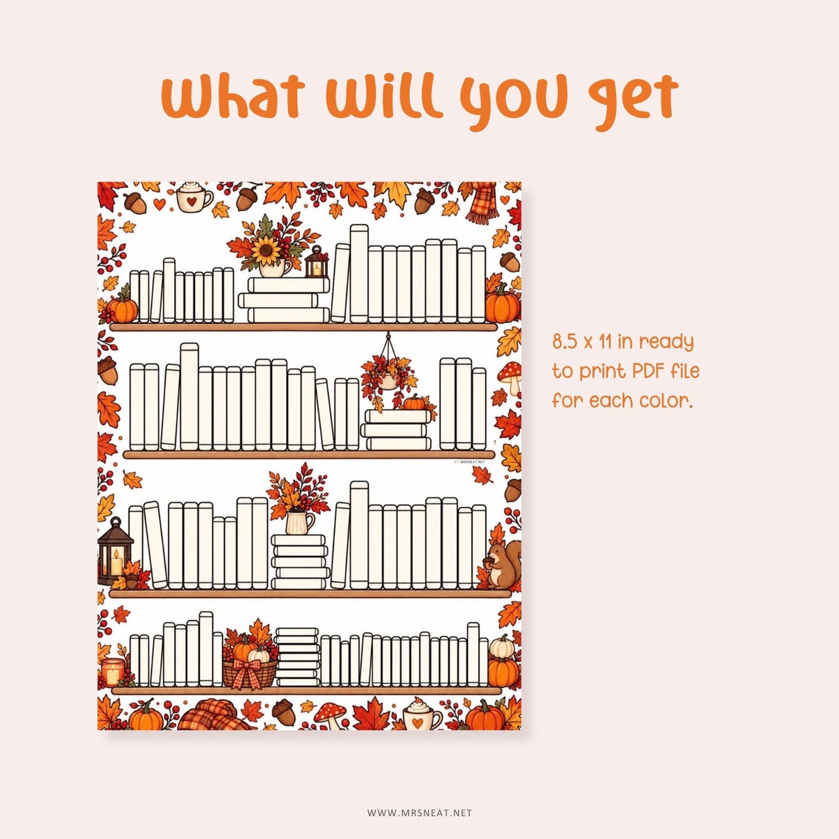 Fall reading tracker printable with a cozy autumn bookshelf for tracking books during a seasonal reading challenge