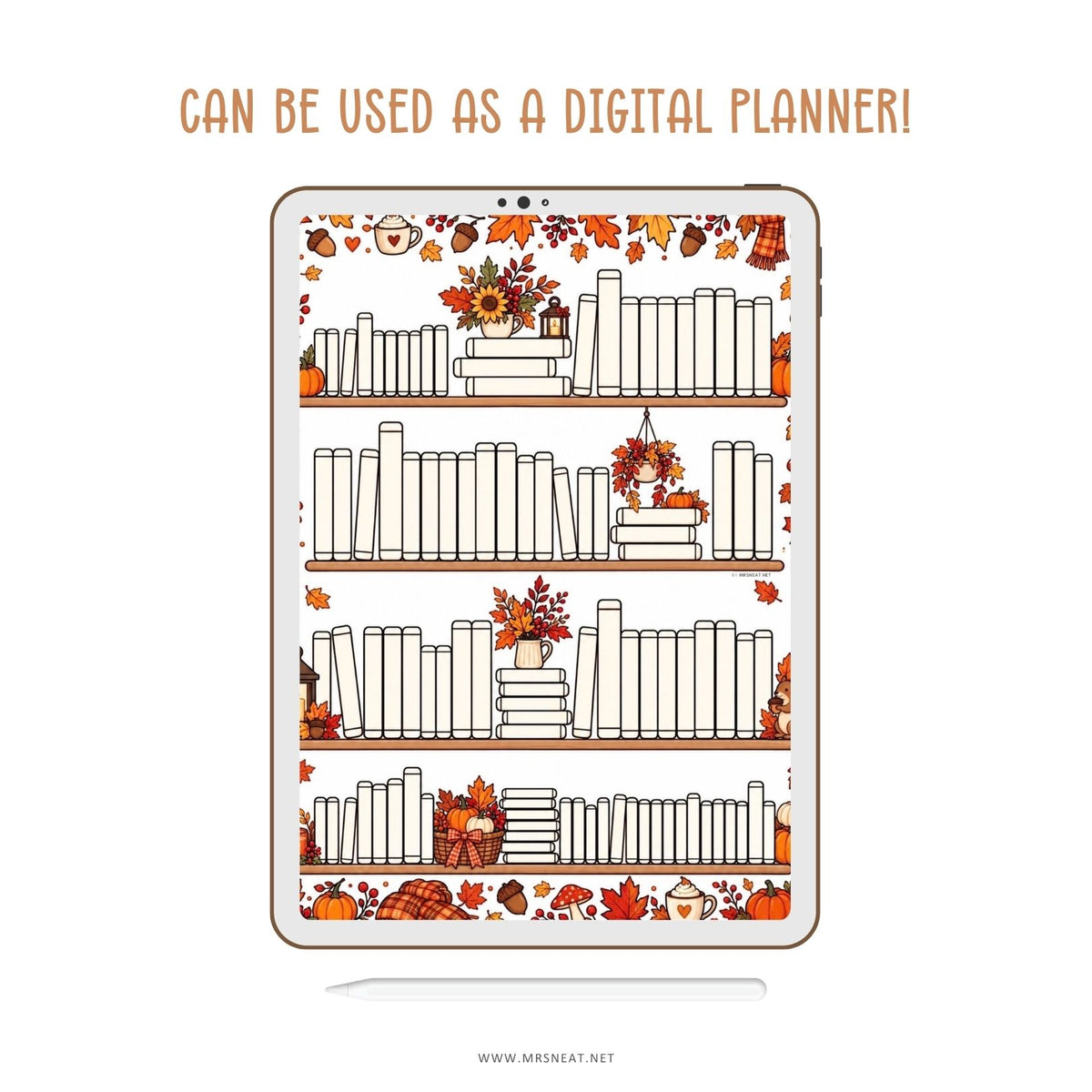 Digital reading tracker with an autumn bookshelf design for tracking 100 books on a tablet with a stylus
