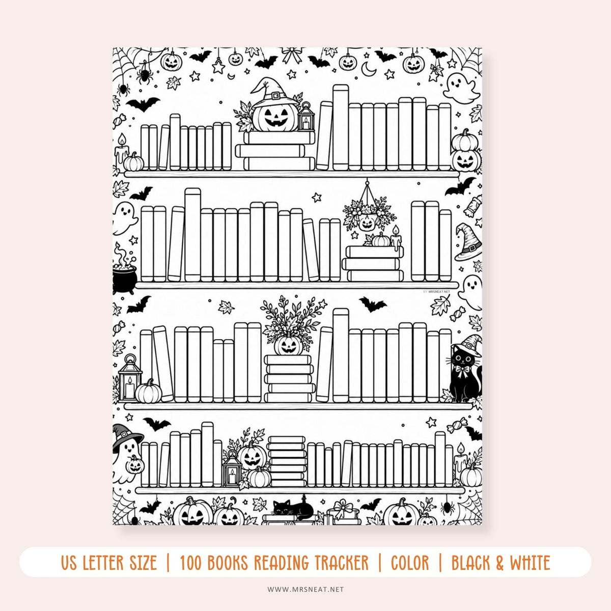 Spooky Bookshelf Reading Tracker for a 100 books reading challenge with a fun Halloween-inspired bookshelf design