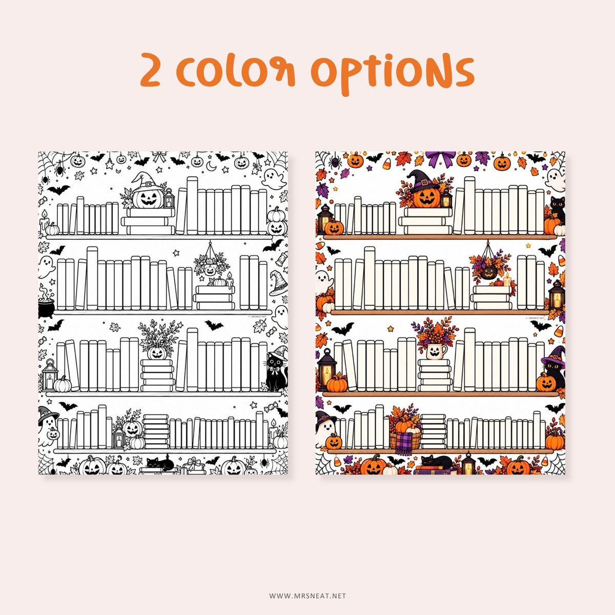 Halloween reading tracker printable featuring a spooky bookshelf with 100 book spaces for tracking reading progress