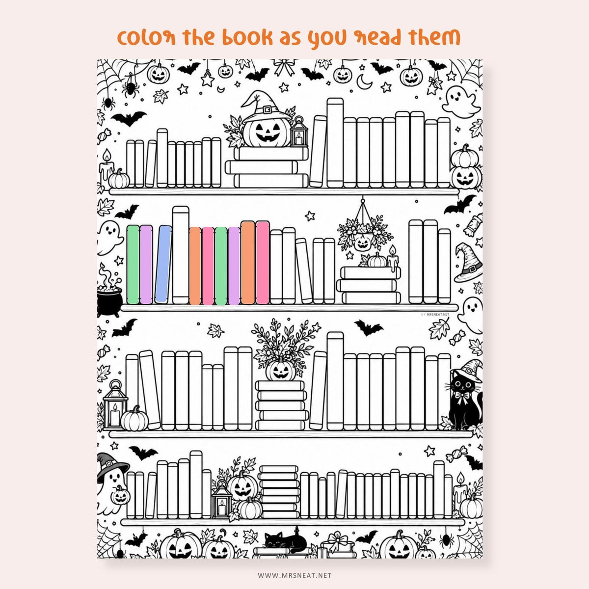 Printable reading tracker and book tracker printable for a 100 book challenge with a cute spooky bookshelf design