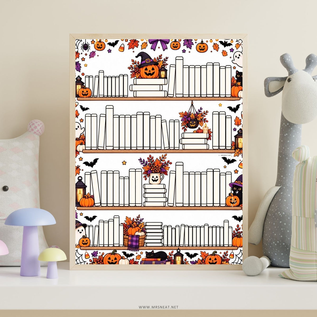 Bookshelf reading tracker printable in color and black and white for a 100 books reading challenge and Halloween reading goals