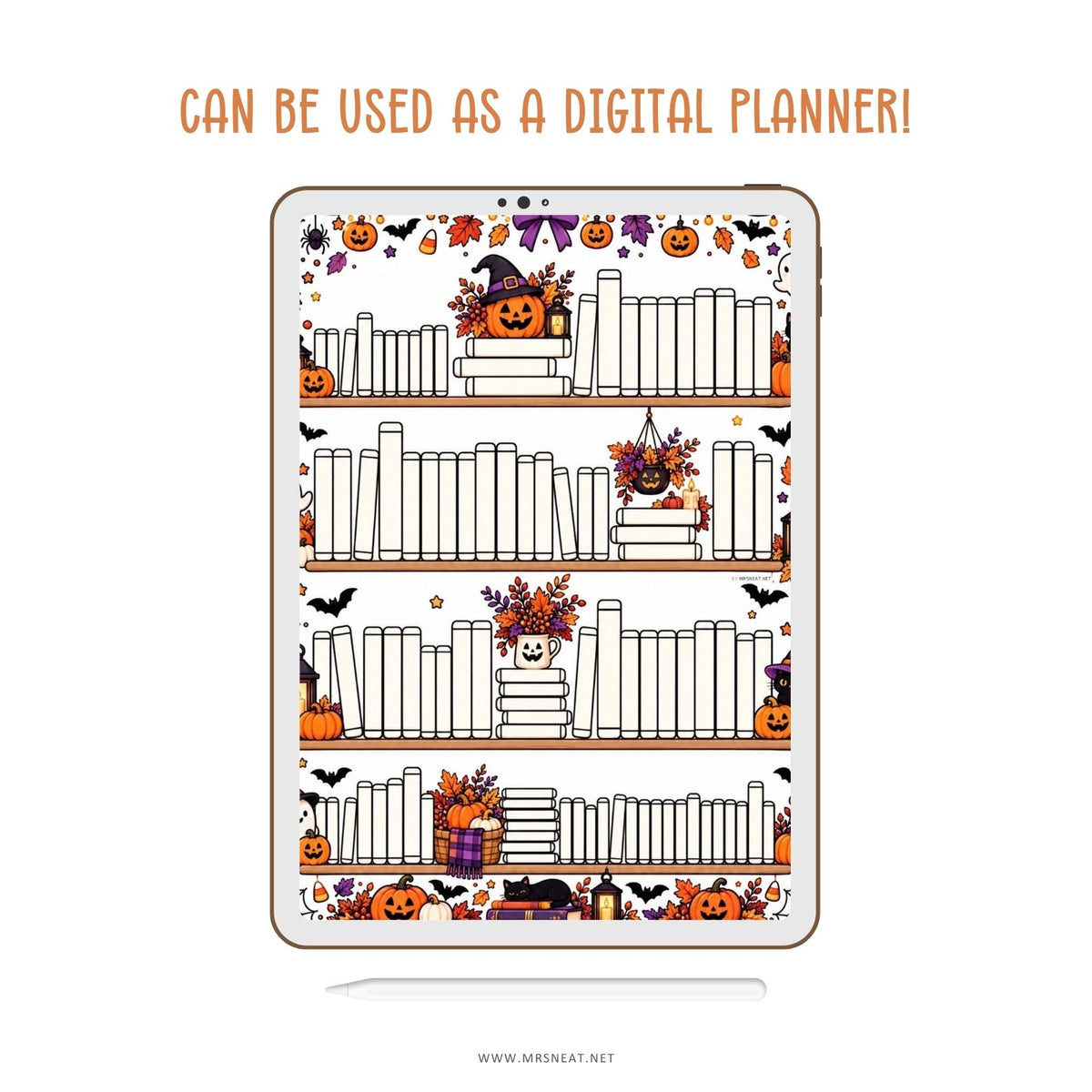 Digital reading tracker for tablet planners with a spooky bookshelf design, perfect for using with a stylus