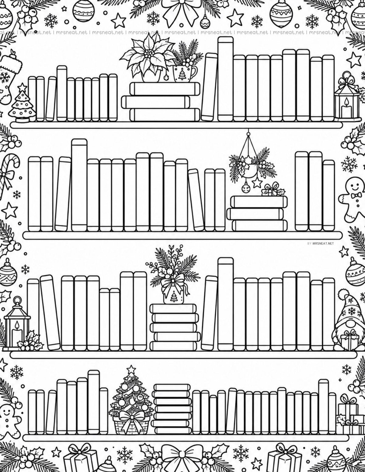 100 books reading tracker in US Letter size with a Christmas bookshelf design for printable and digital reading goals