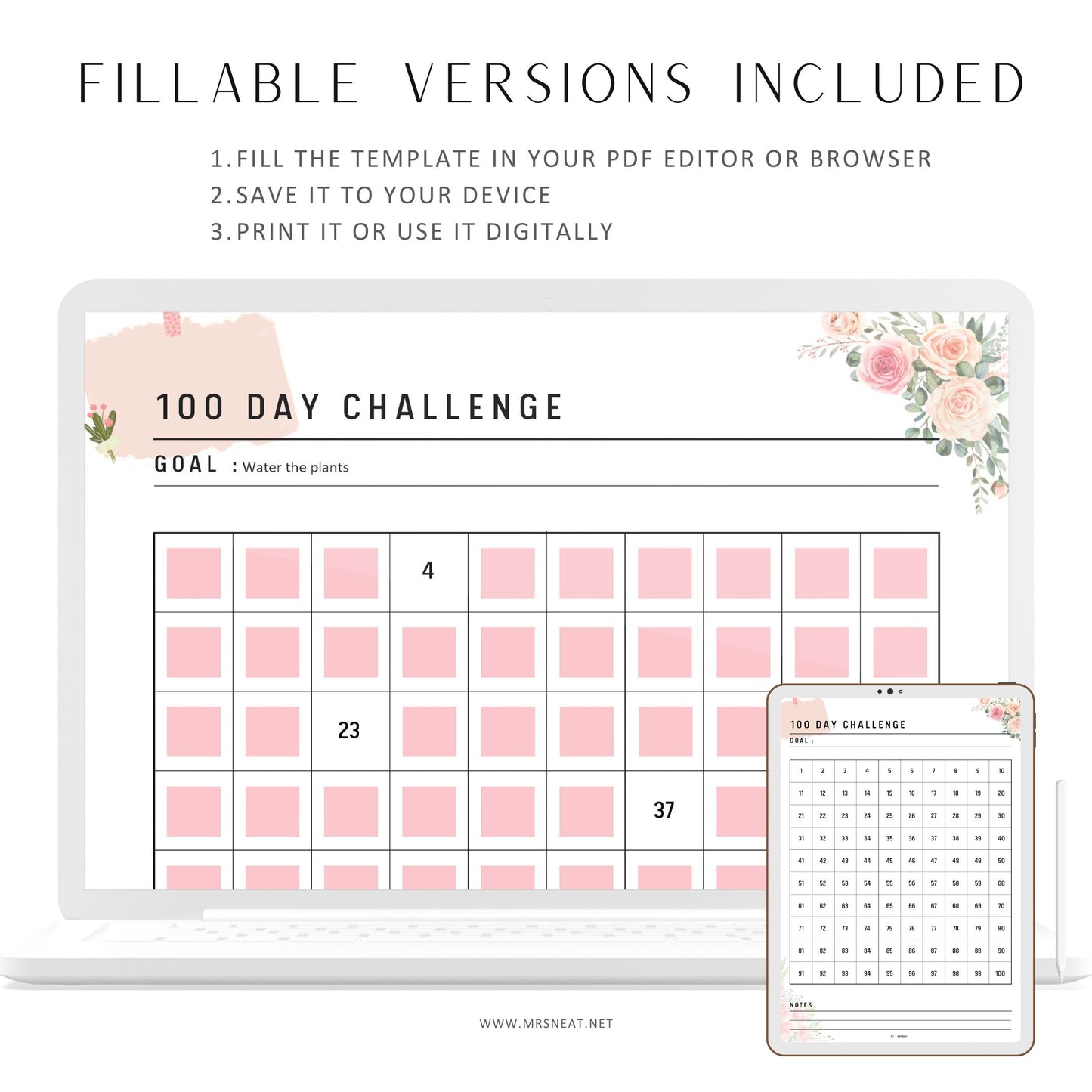 Floral 100 day challenge printable, goal setting, habit forming, Fillable Habit Challenge, A4, A5, Half Letter, Letter, PDF