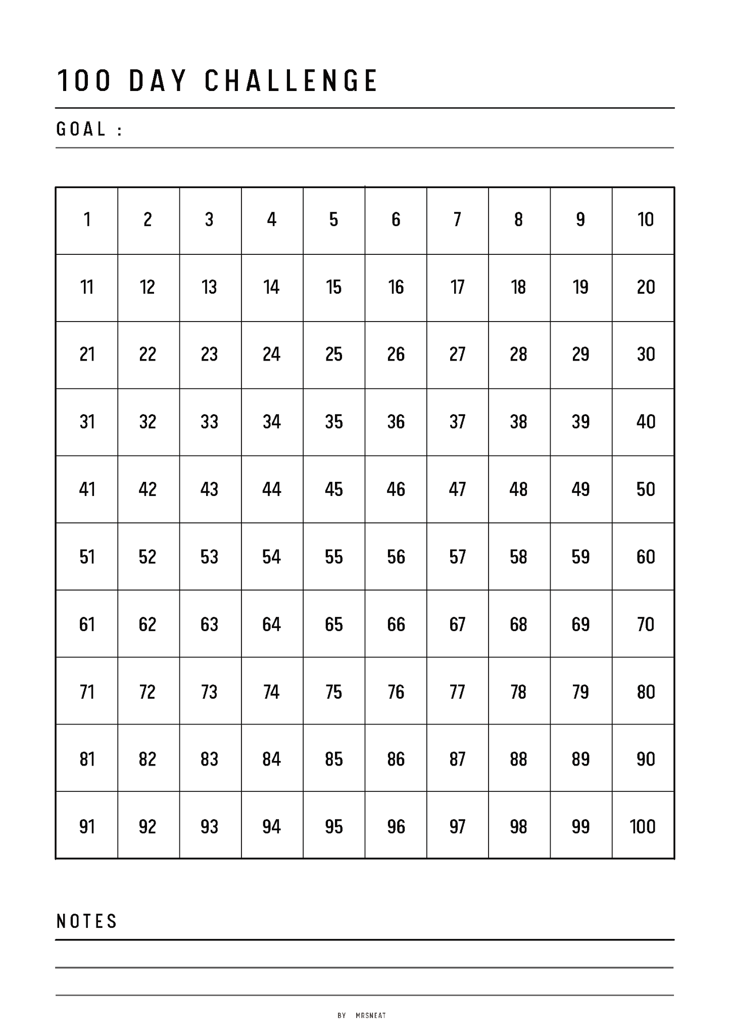 100-day challenge grid with numbered days on a white background