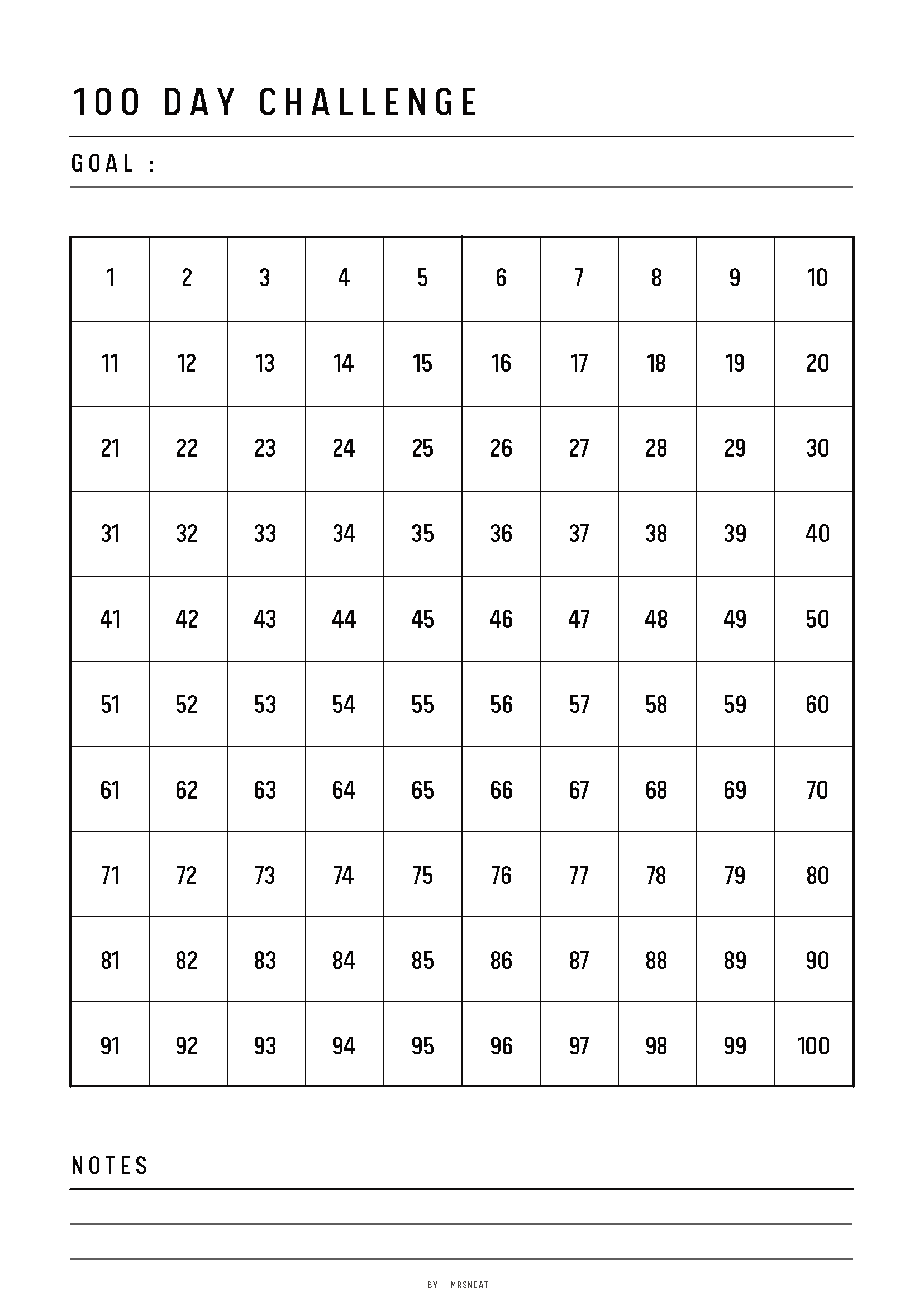 100-day challenge grid with numbered days on a white background