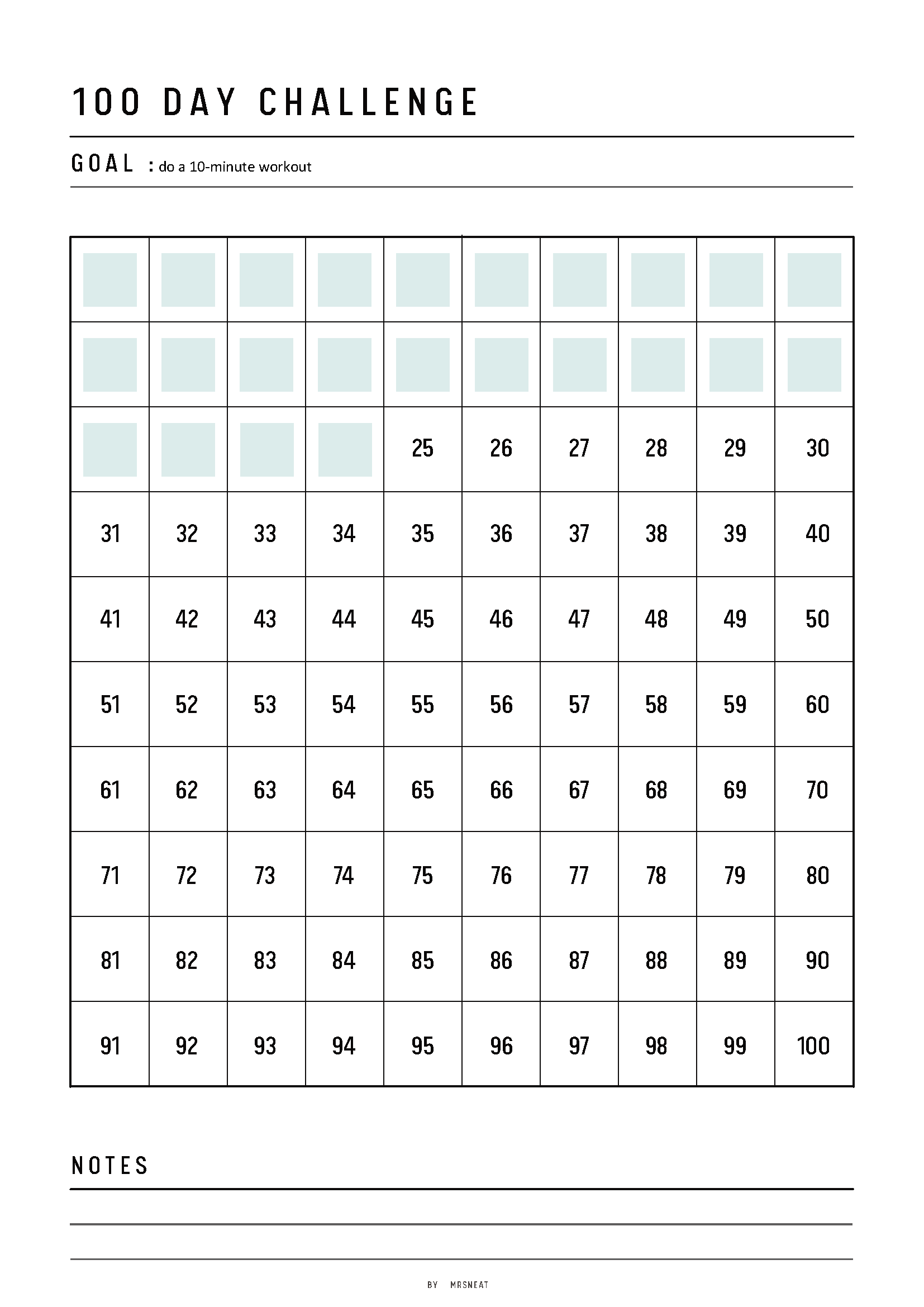 100-day challenge tracker with checkboxes for each day