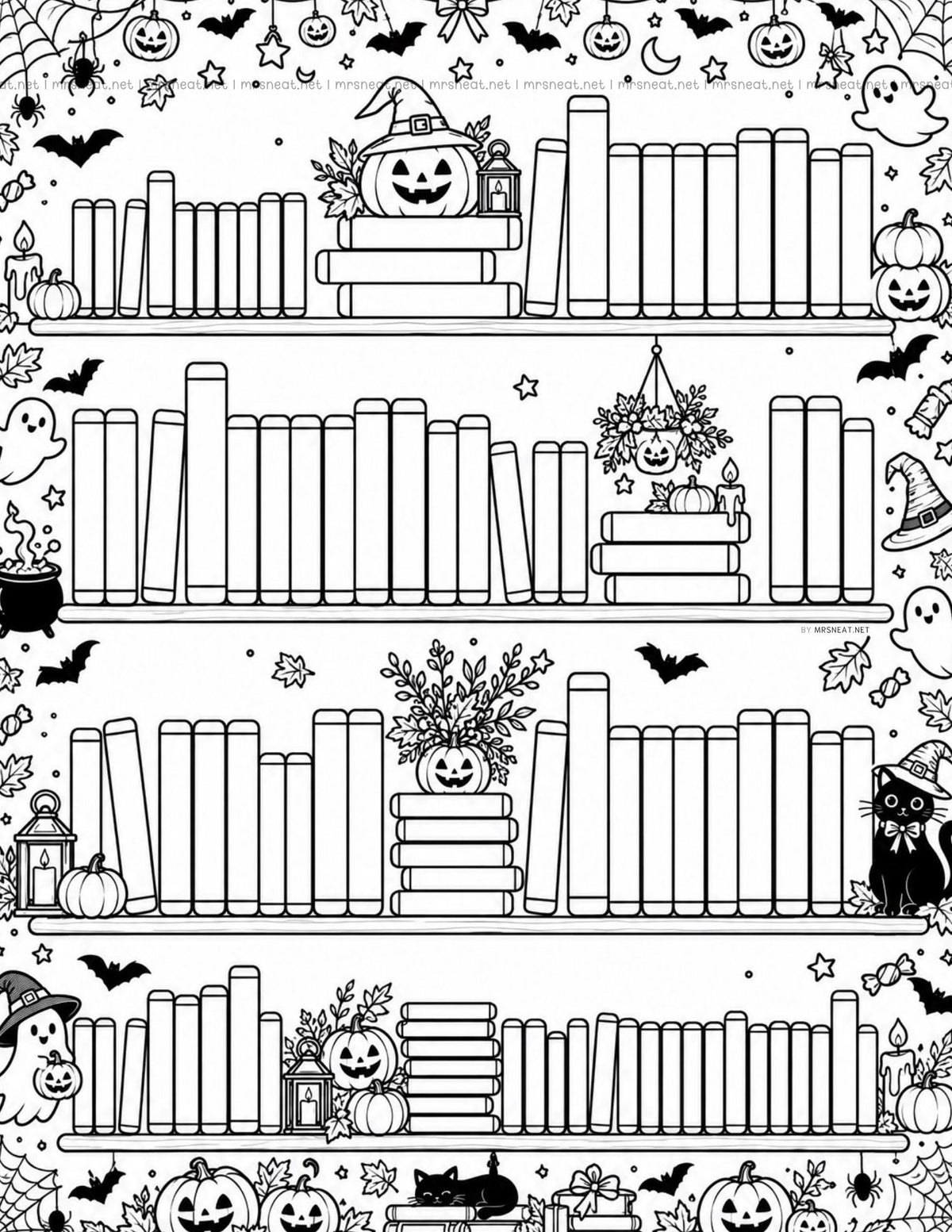 Bookshelf reading tracker printable in black and white for a 100 books reading challenge and Halloween reading goals