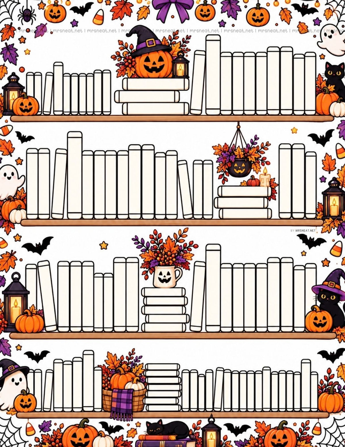 Bookshelf reading tracker printable in color for a 100 books reading challenge and Halloween reading goals