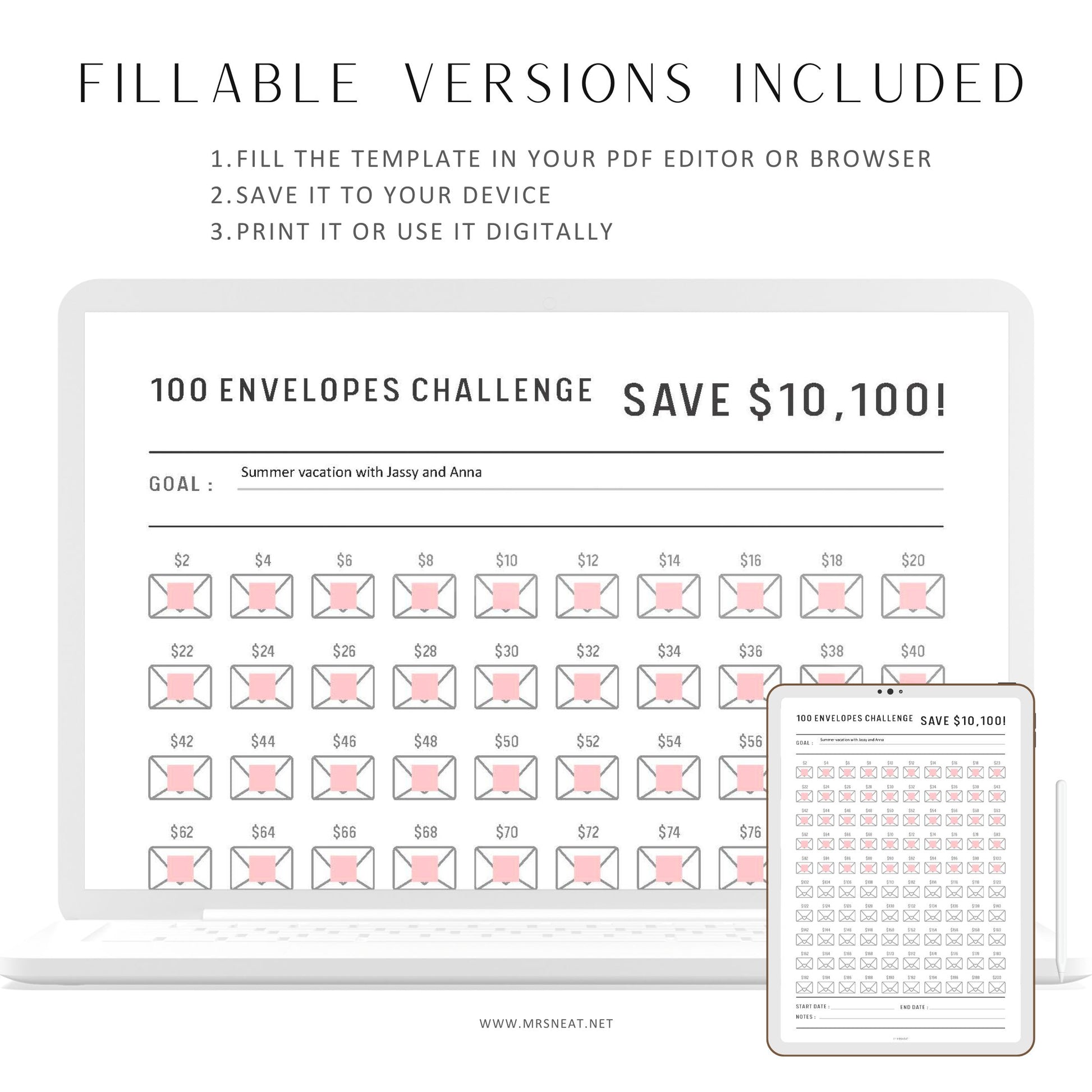 100 Envelope Saving Challenge, 10100 Saving Challenge Printable, Fillable 100 Day Challenge, No Spending Challenge, A4/Letter/Half Letter/A5