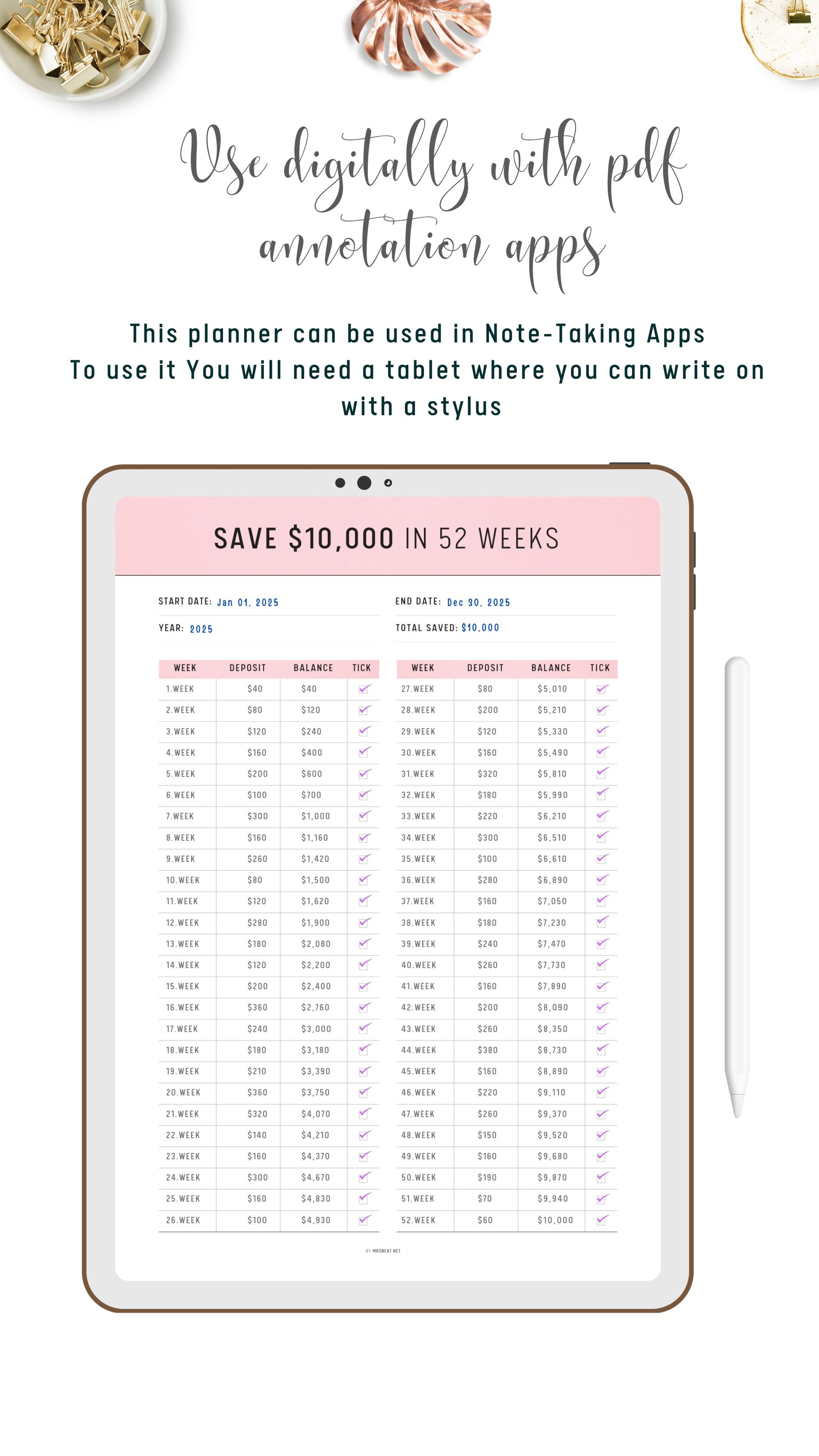 Digital $10,000 Saving Challenge in 52 Weeks