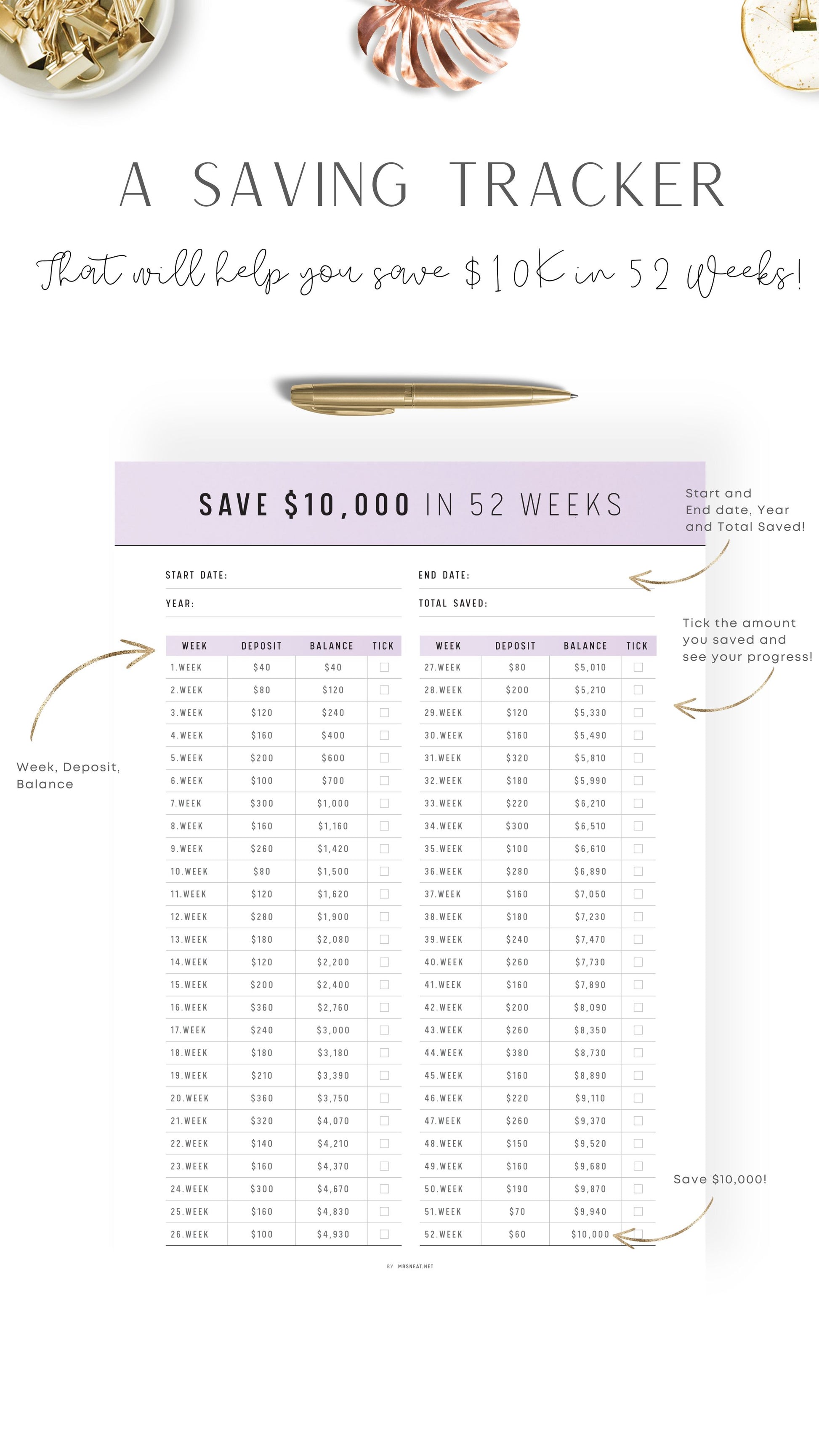 Beautiful Purple $10,000 Saving Challenge in 52 Weeks Template Printable