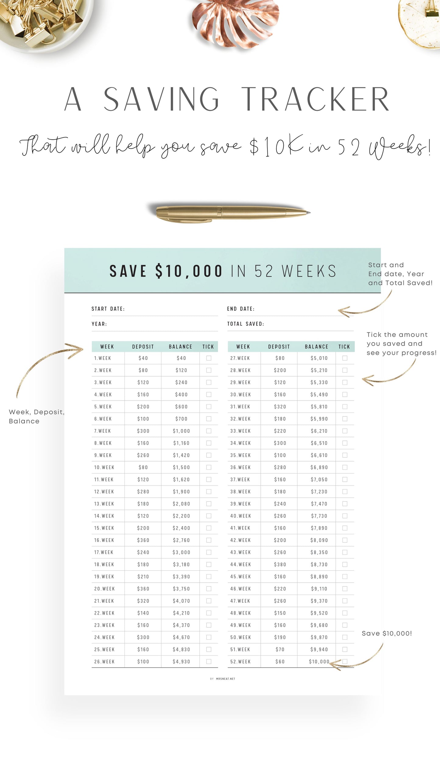 Aesthetic Green $10,000 Saving Challenge in 52 Weeks Printable