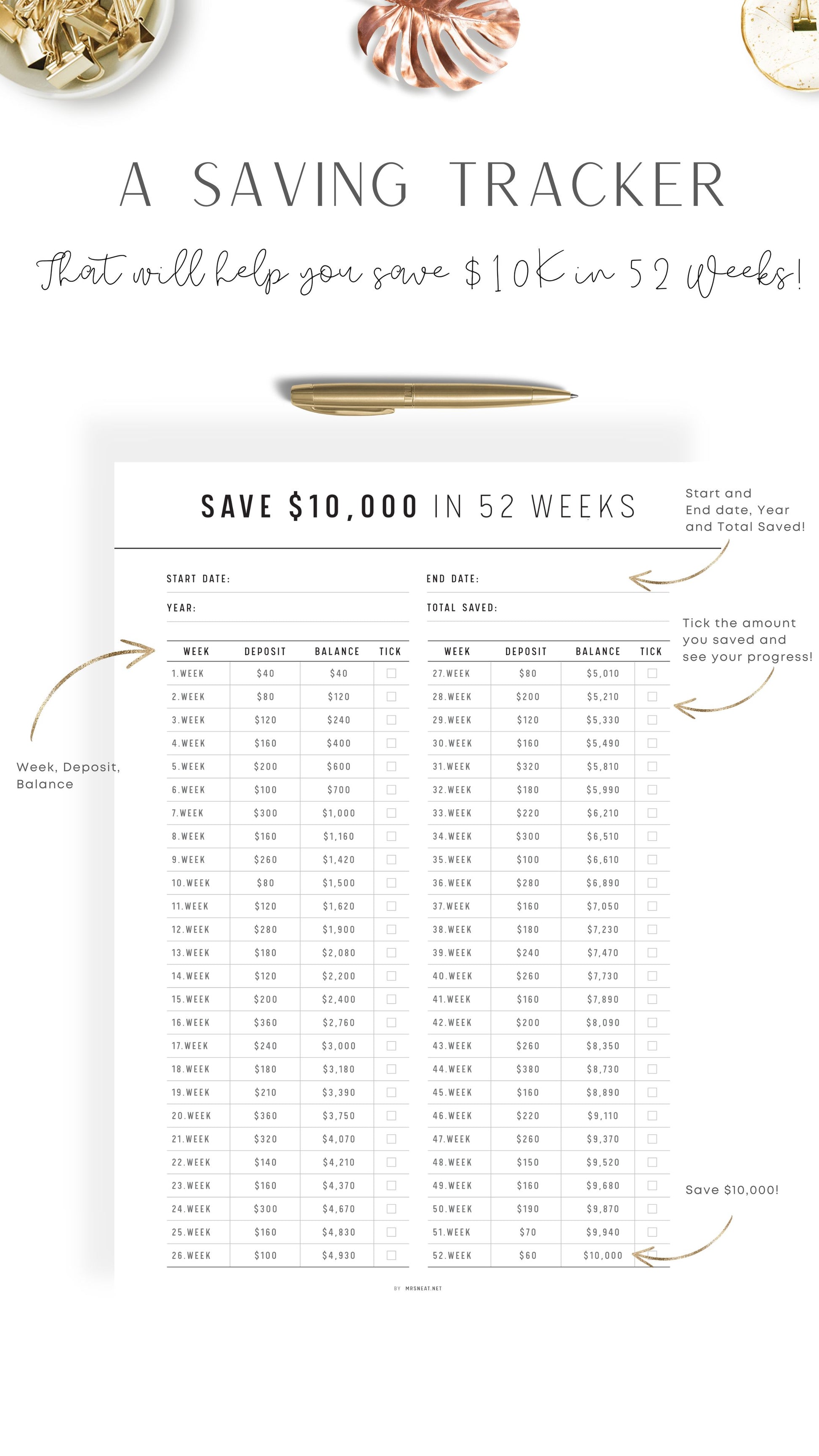 Clean and Neutral $10,000 Saving Challenge in 52 Weeks Template