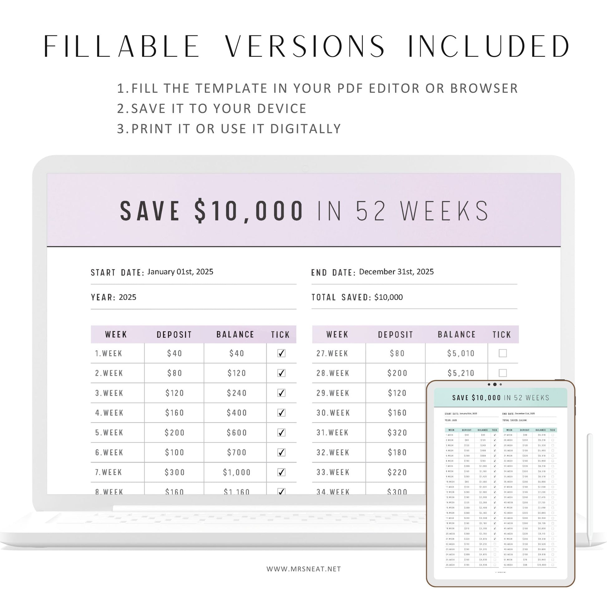 Fillable 10000 Saving Challenge in 52 Weeks Template Printable, PDF, A4, A5, Letter, Half Letter, 6 colors