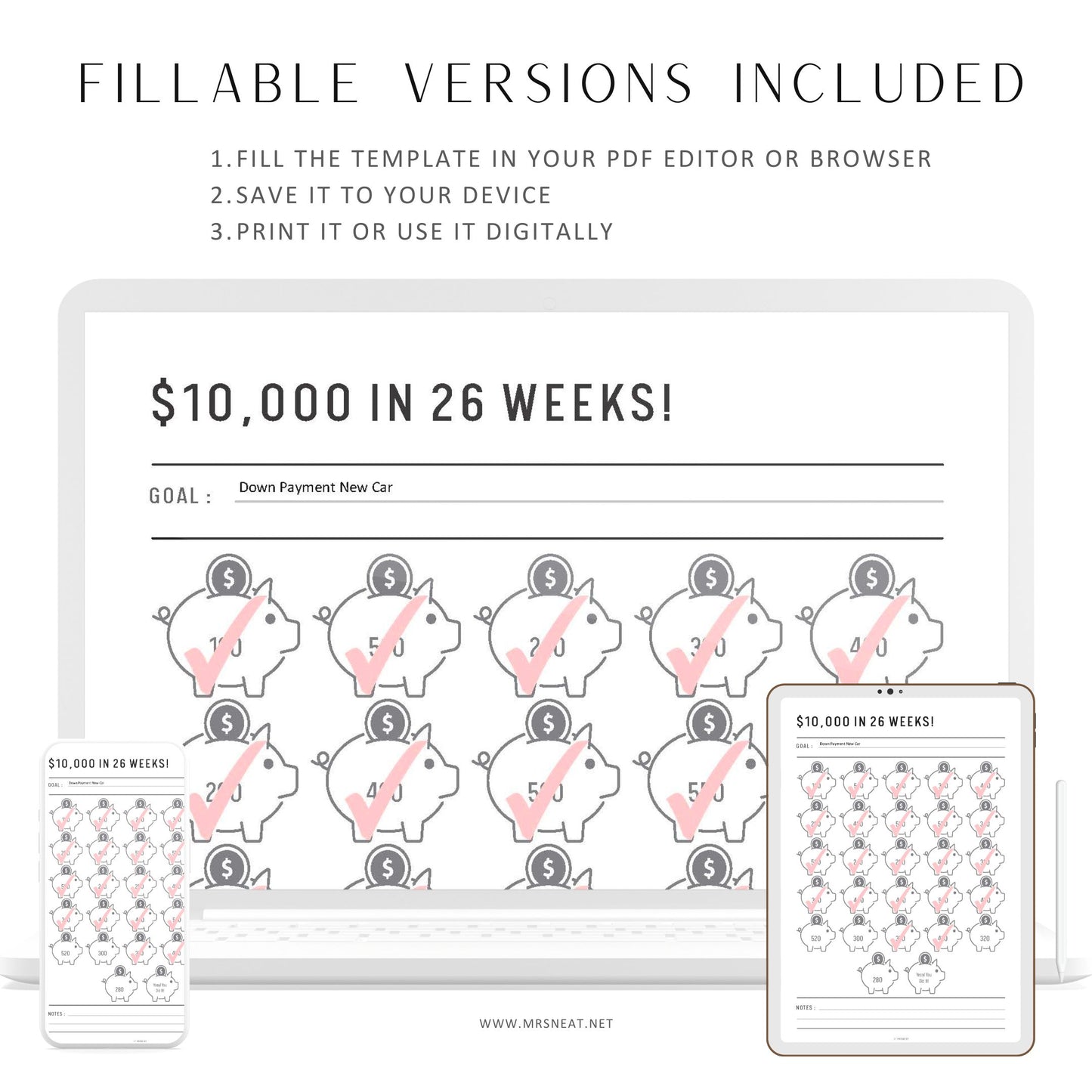 10000 Savings Challenge in 26 Weeks, Save 10000 in 26 weeks, 26 weeks savings challenge, Fillable Saving Tracker, PDF, Multiple sizes