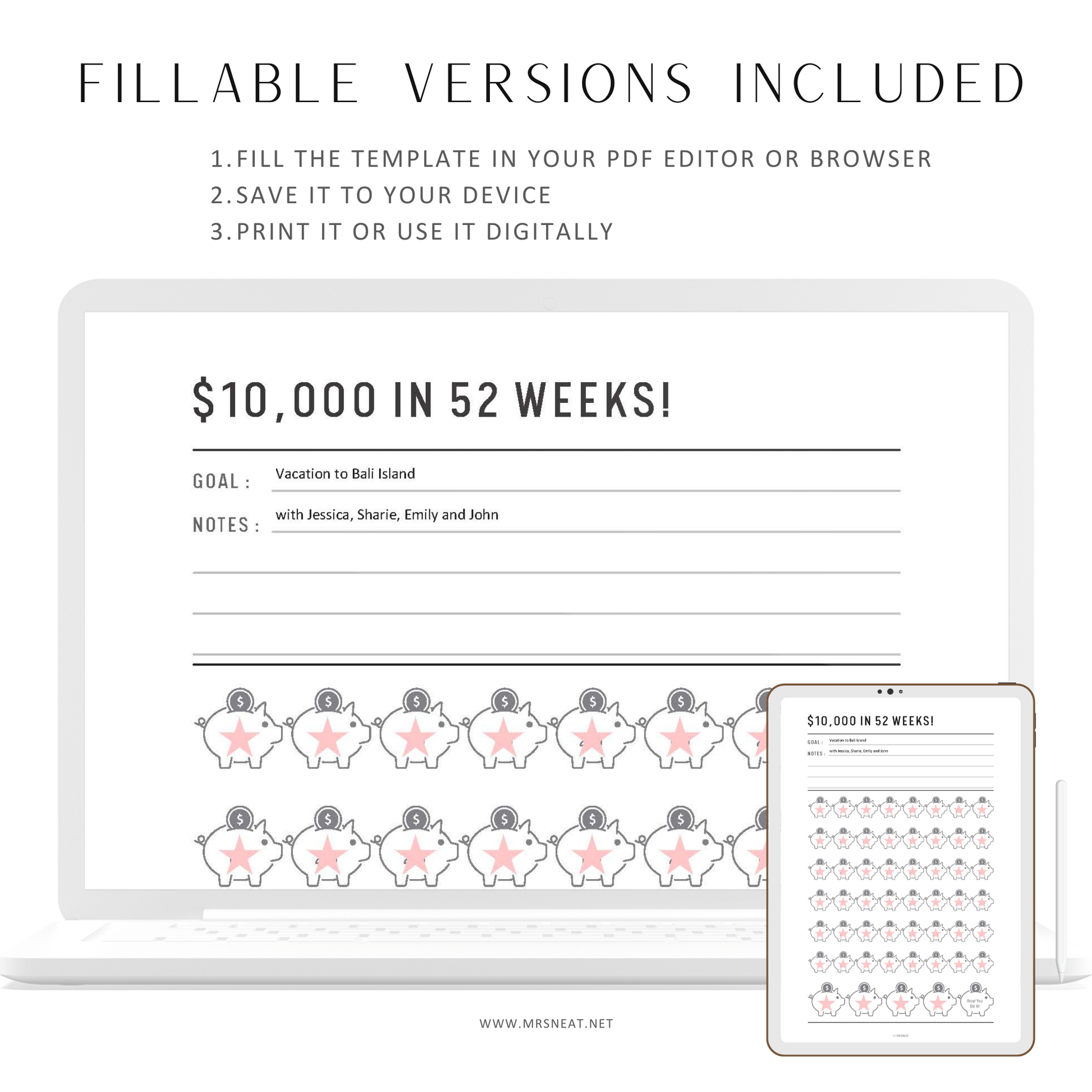 Fillable 10000 Saving Challenge, 52 Week Saving Challenge Printable, Piggy Bank Saving Challenge, PDF, A4, A5, Letter, Half Letter