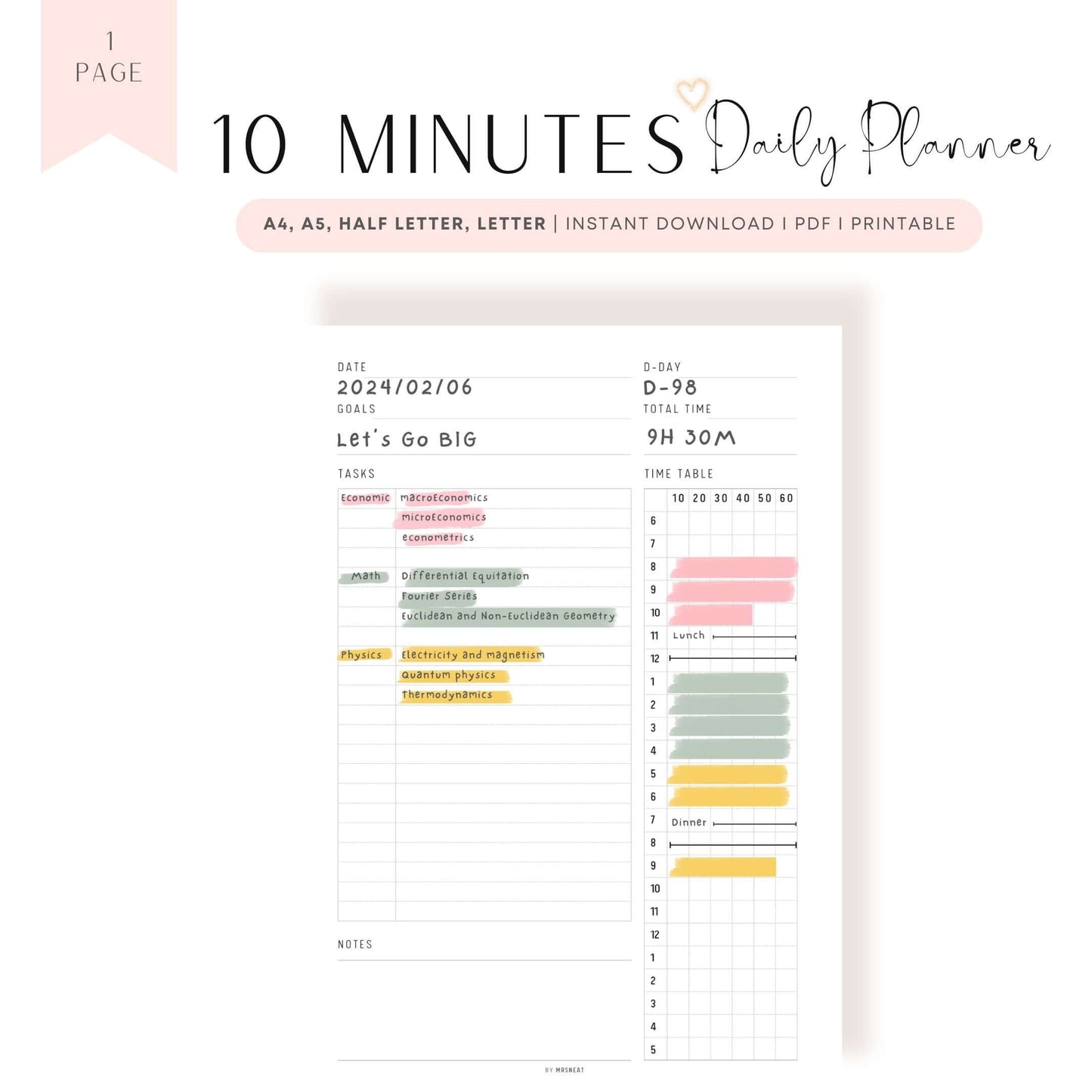 10 Minutes Daily Planner Template