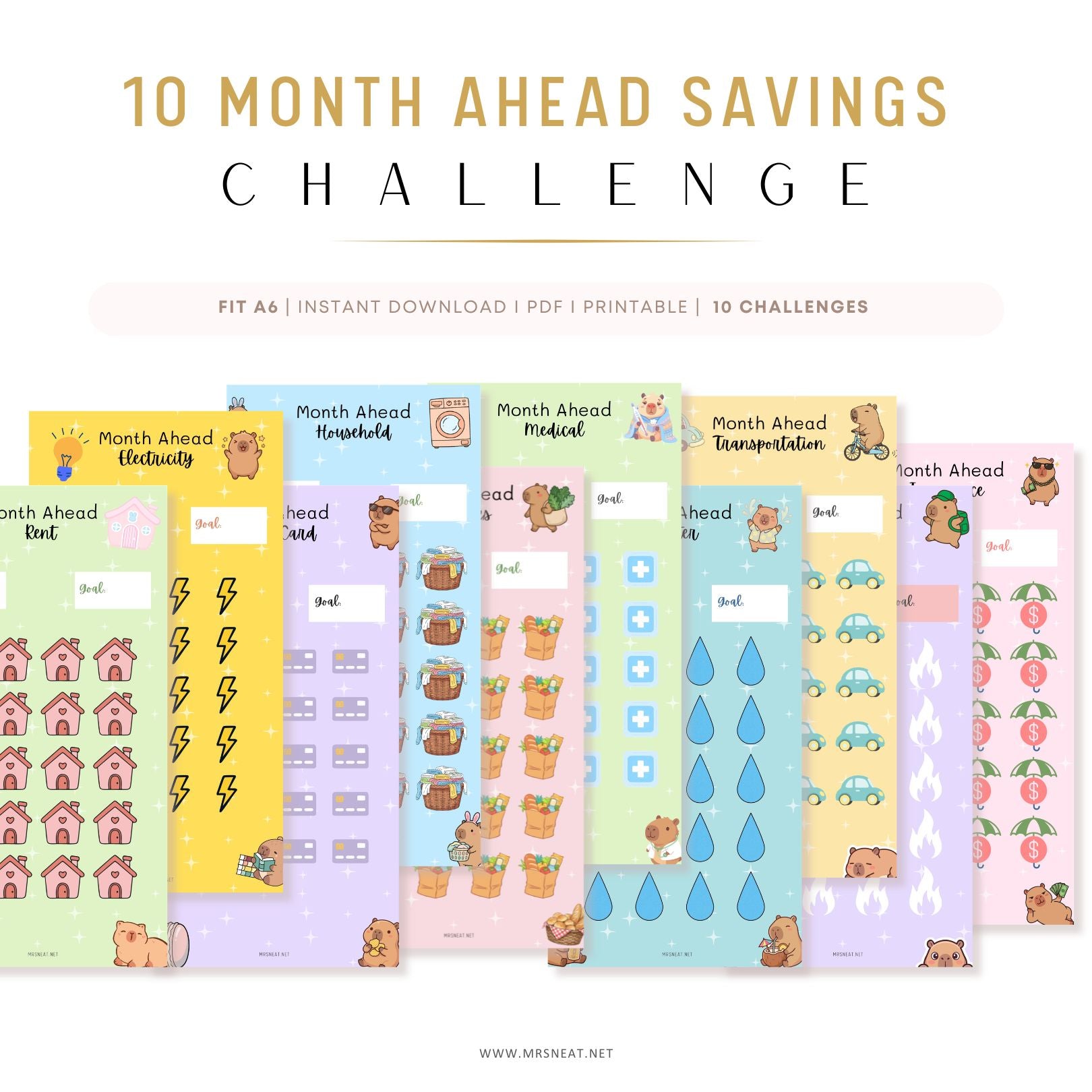 10 Month Ahead Savings Challenge planner with colorful designs on a white background