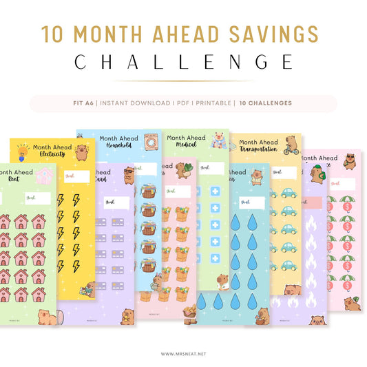 10 Month Ahead Savings Challenge planner with colorful designs on a white background