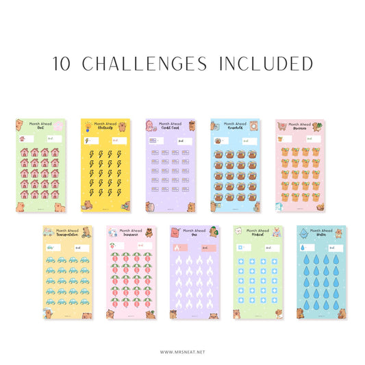 Set of colorful challenge charts with various designs on a white background