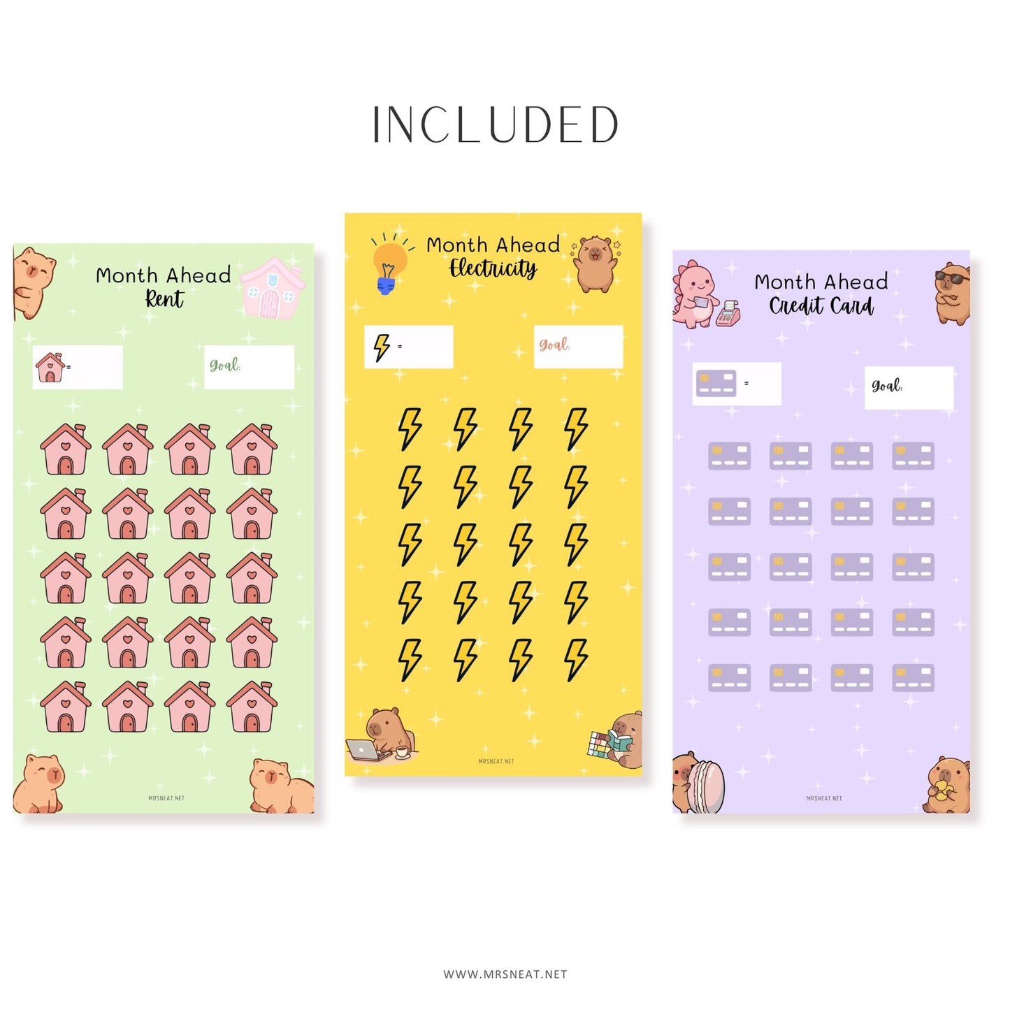Three colorful planner stickers sheets with cartoon animals on a white background.