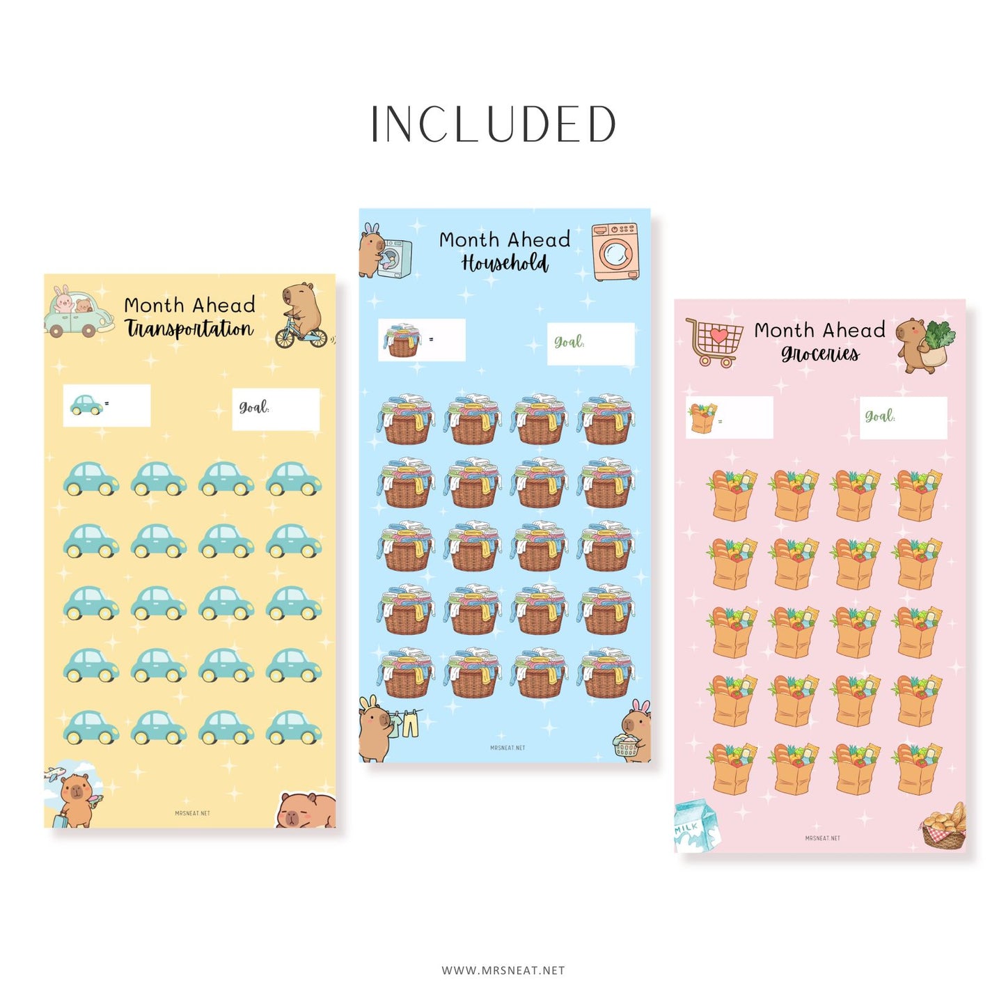 Three planner sticker sheets with transportation, household, and groceries themes on a white background.