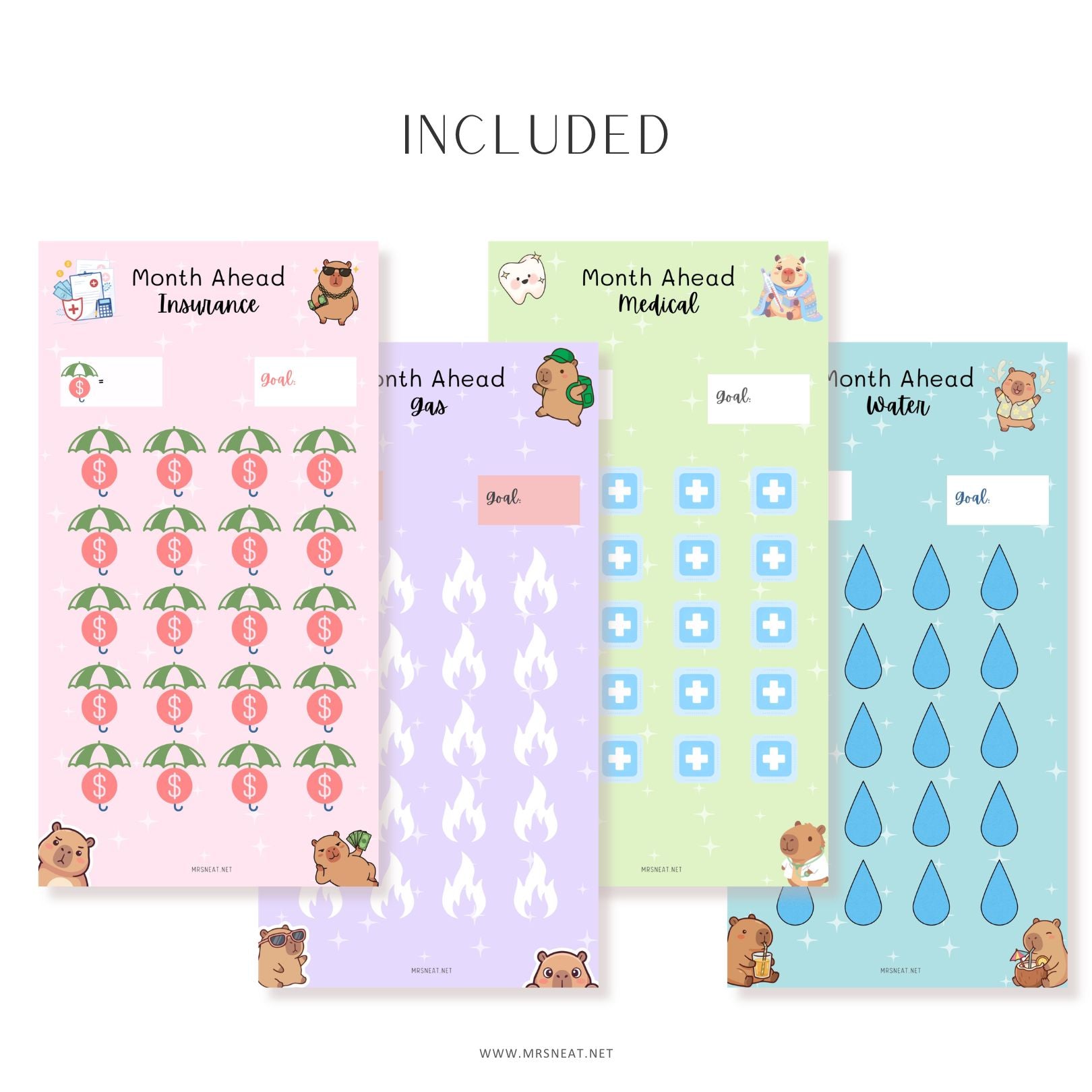 Four colorful planner stickers with animal illustrations and text on a white background.