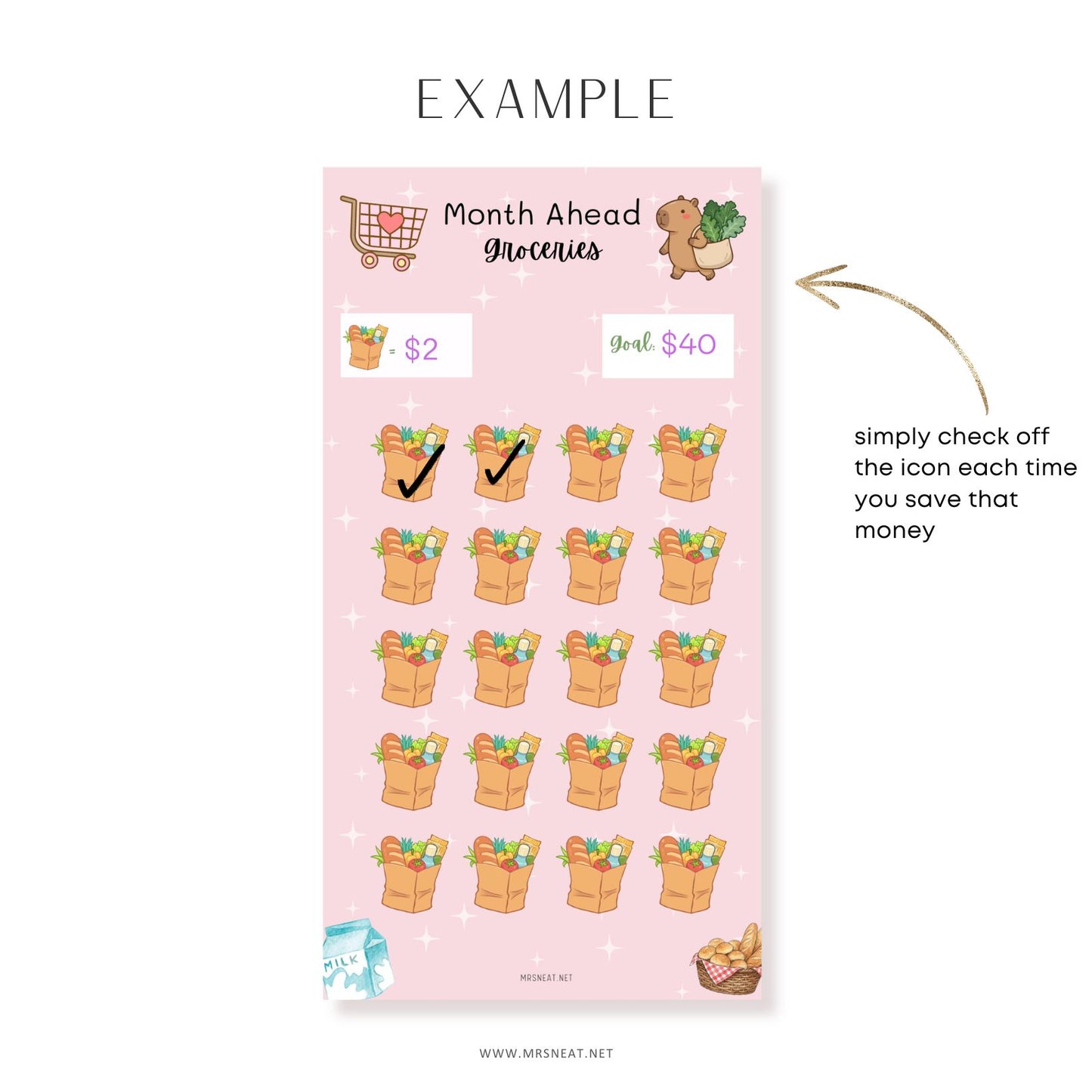 Sticker sheet with icons and text on a pink background, featuring a shopping cart and money symbols.