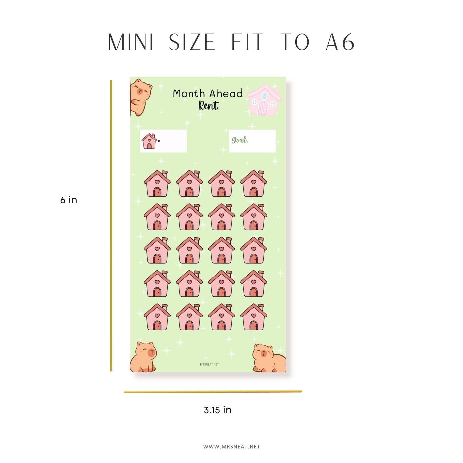 Sheet of planner stickers with pink houses and cats on a green background, labeled 'Month Ahead' by MRSNEAT.