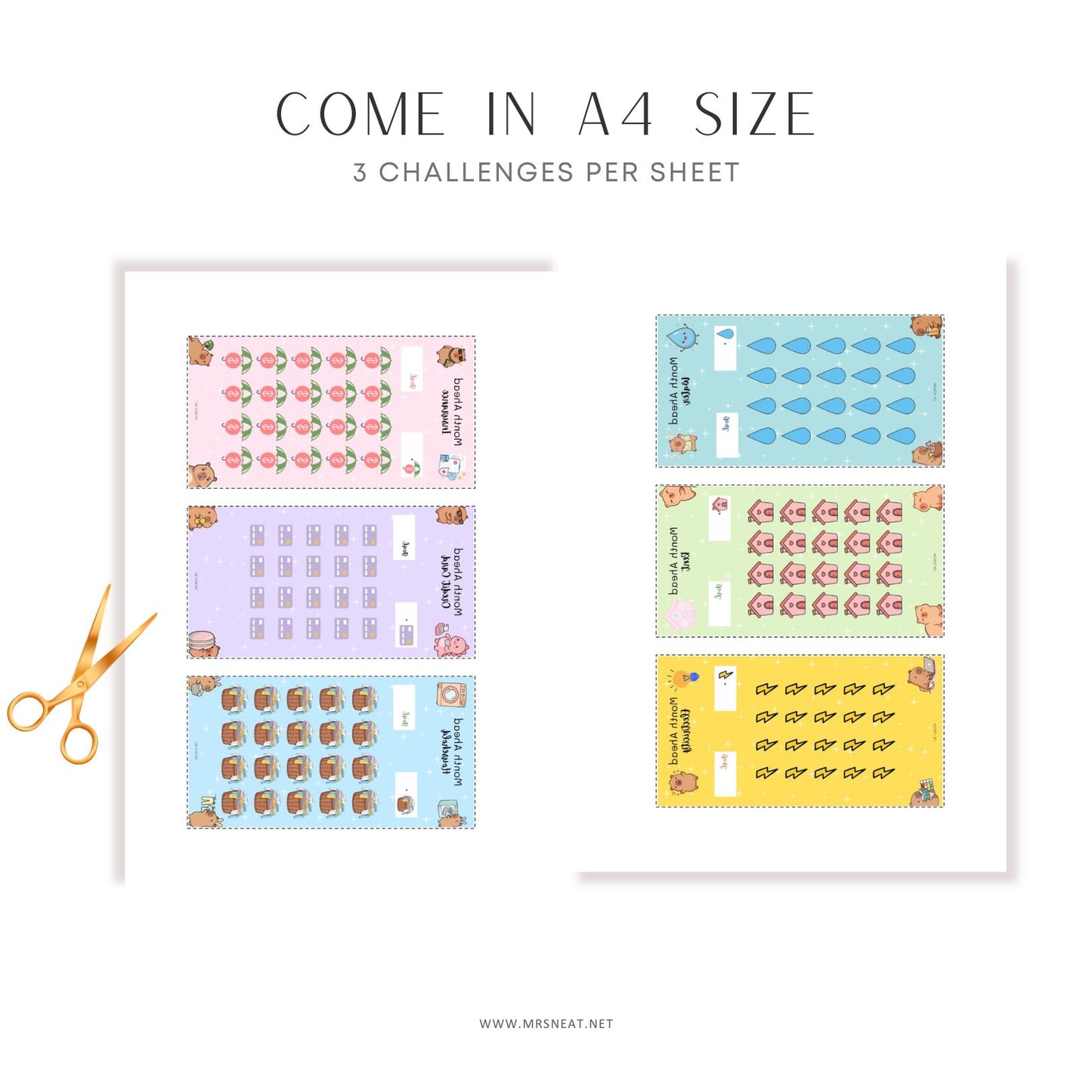 Colorful A4 size sheets with challenges and a pair of scissors on a white background