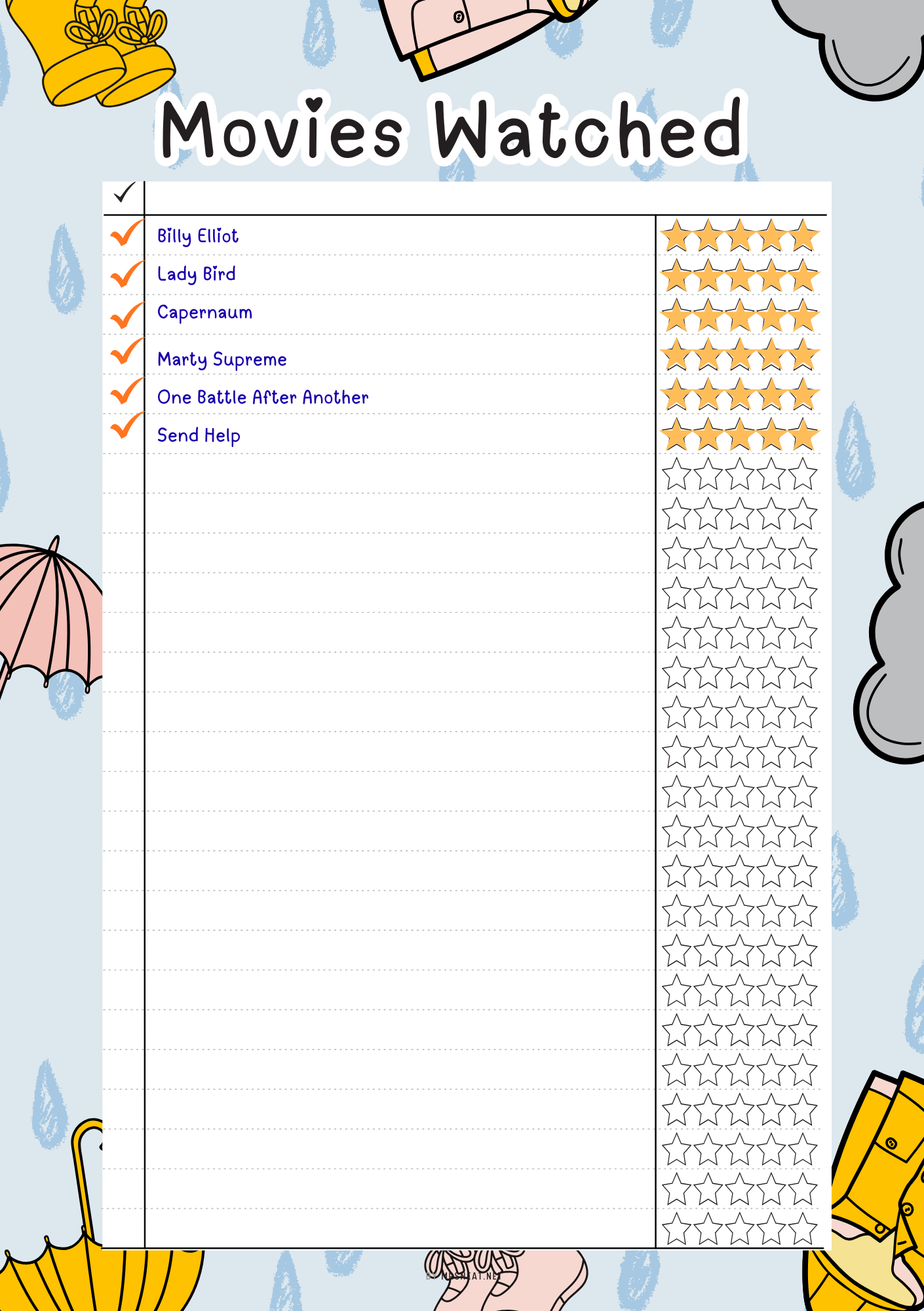 Sheet with a list of movies watched and a star rating system on a cartoon-themed background.
