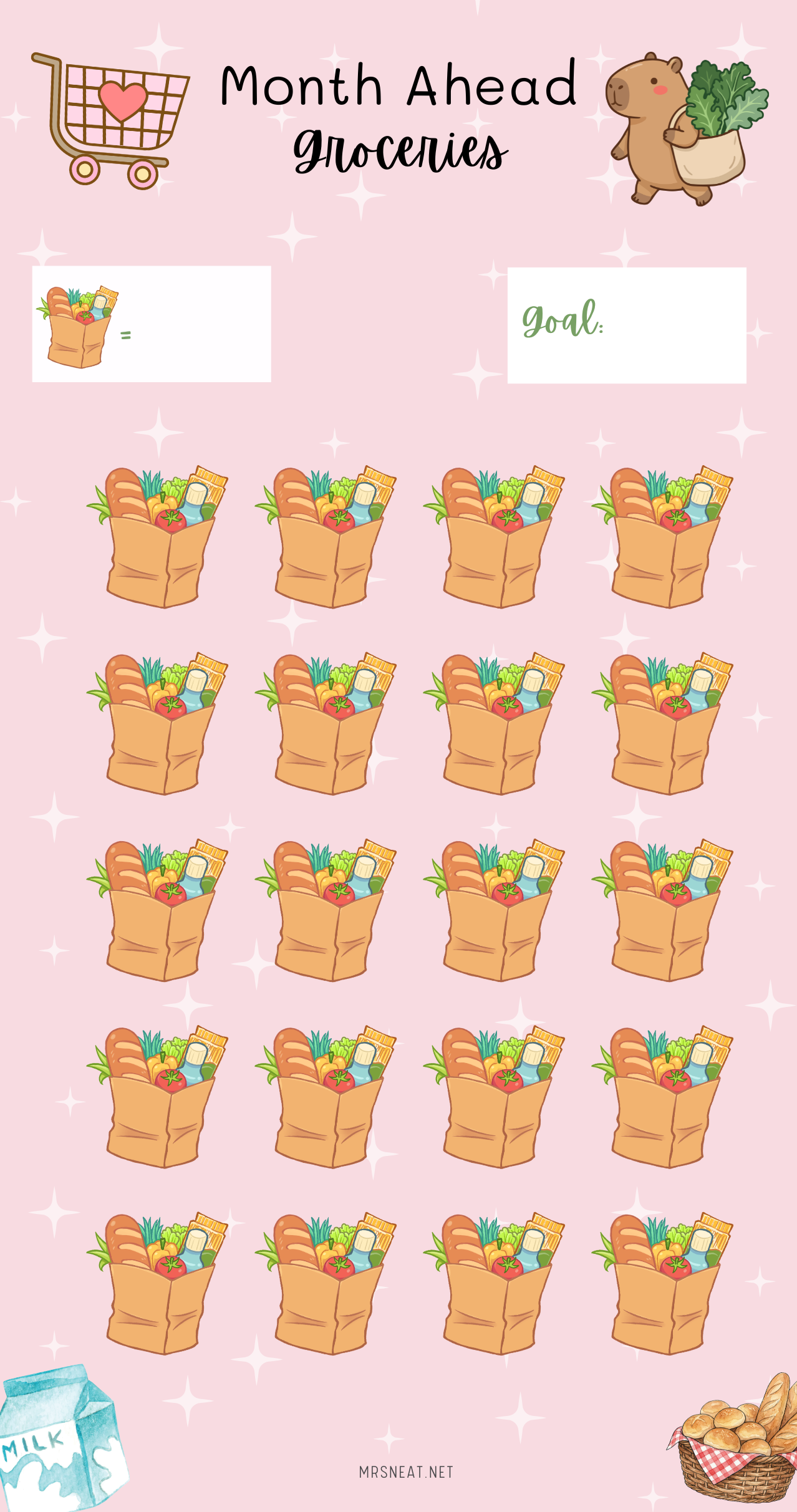 Sticker sheet with grocery bag illustrations on a pink background, featuring 'Month Ahead Groceries' branding.