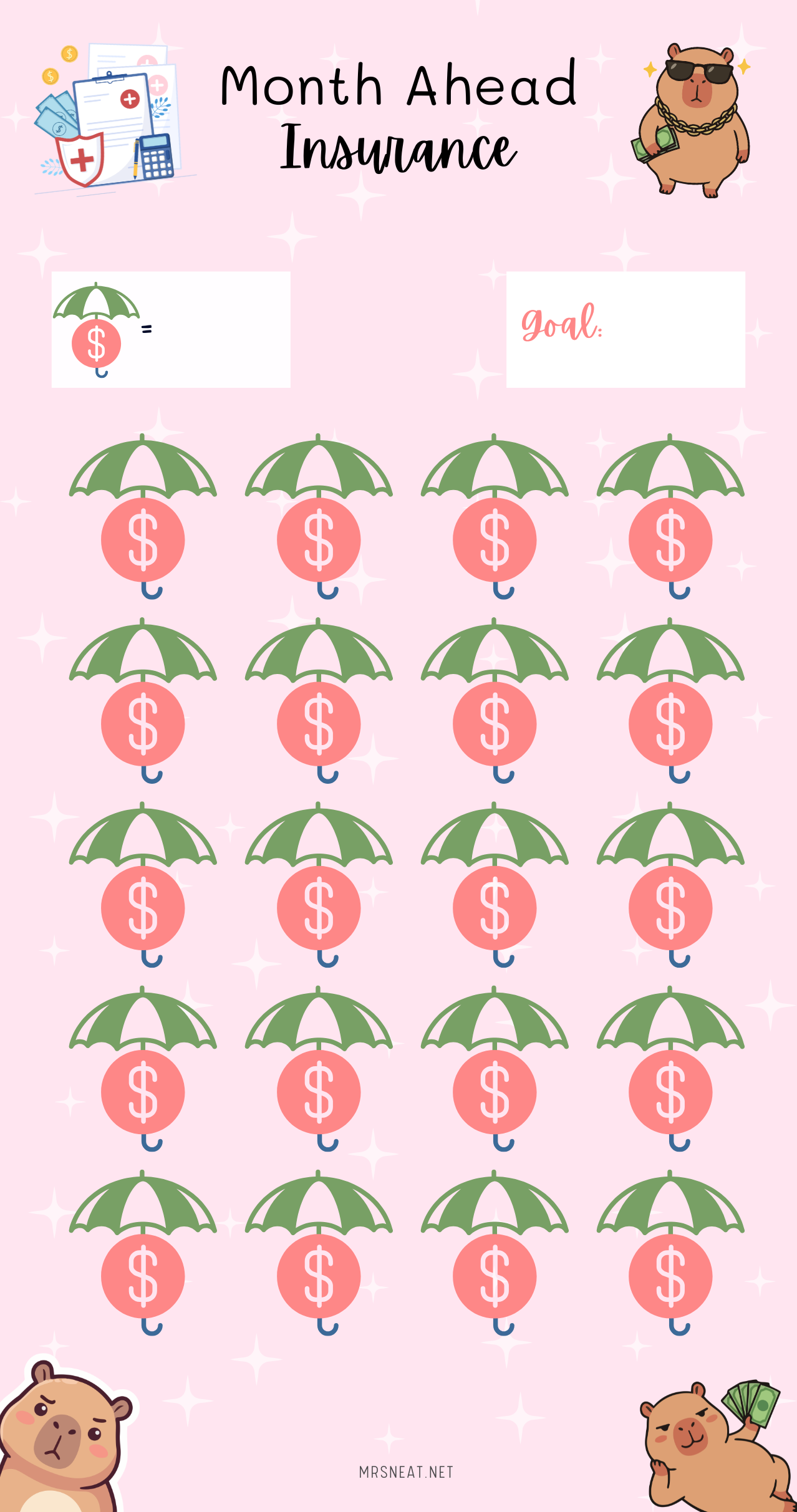 Insurance planning sheet with dollar signs and umbrellas on a pink background