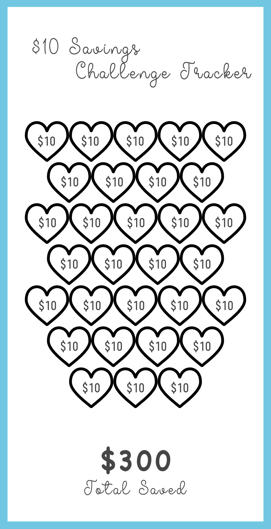 Savings challenge tracker with heart icons and total savings amount on a light blue background