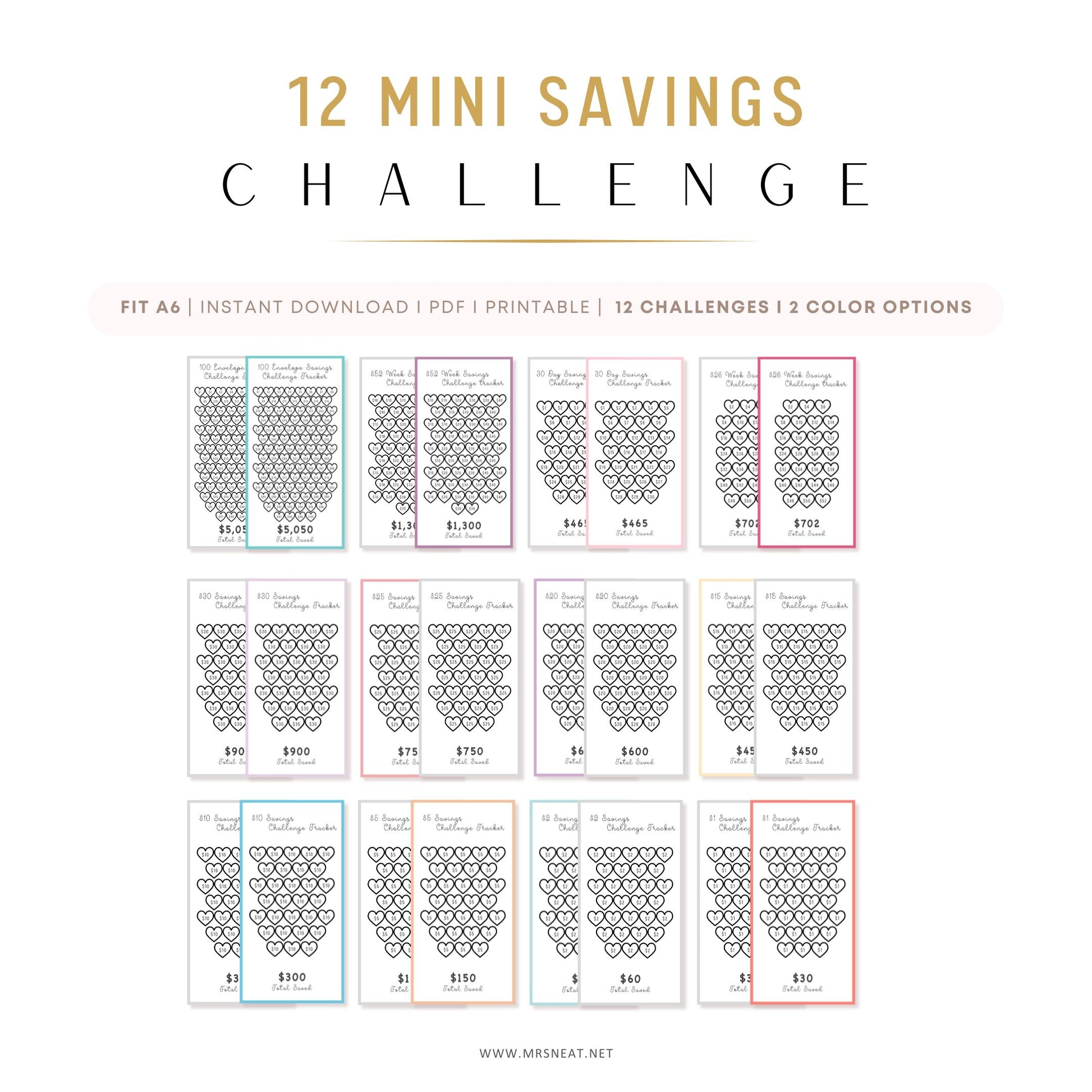 12 mini savings challenge charts with different color options on a white background