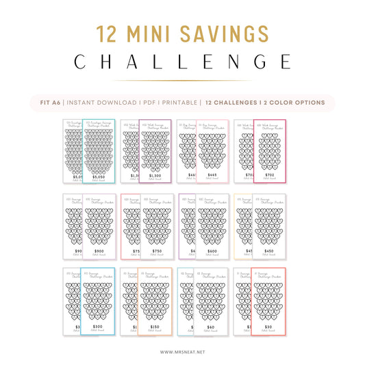 12 mini savings challenge charts with different color options on a white background