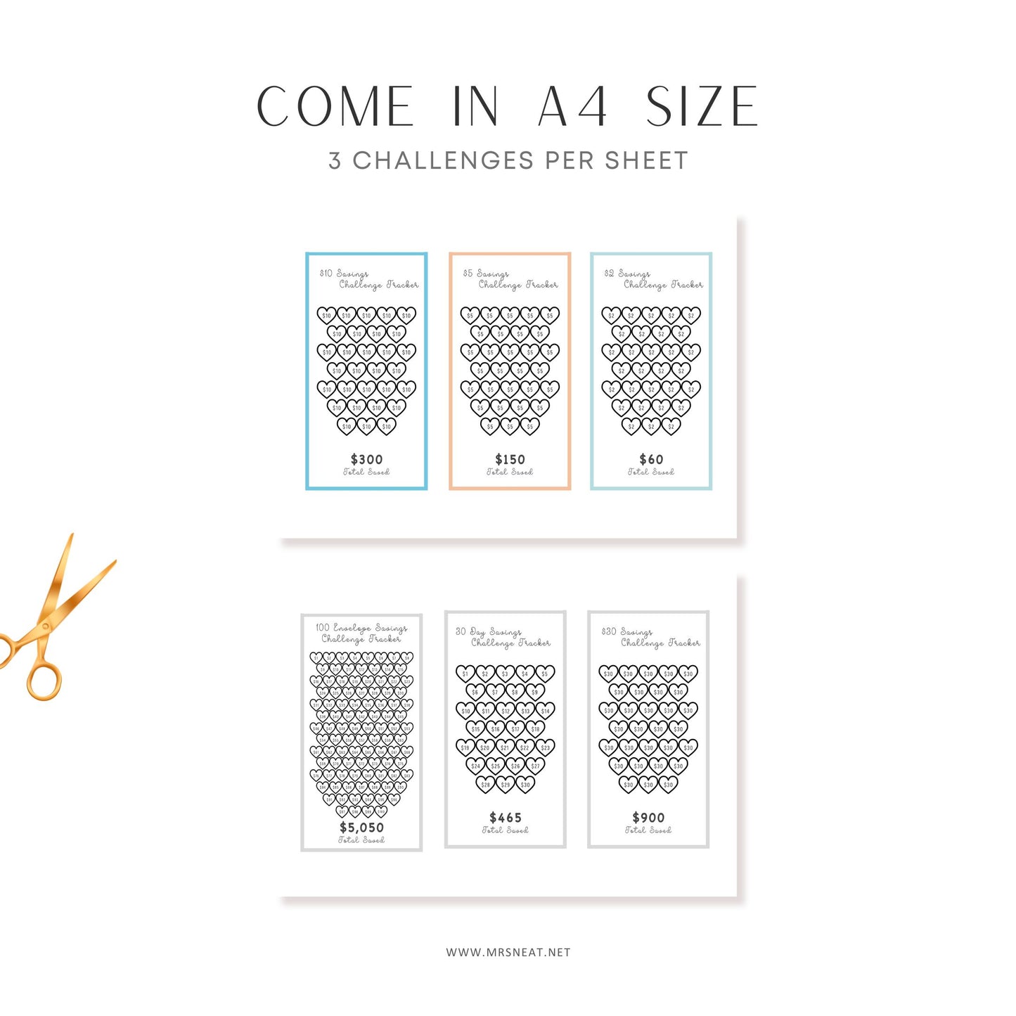 A4 size sheet with money challenge designs and a pair of scissors on a white background.