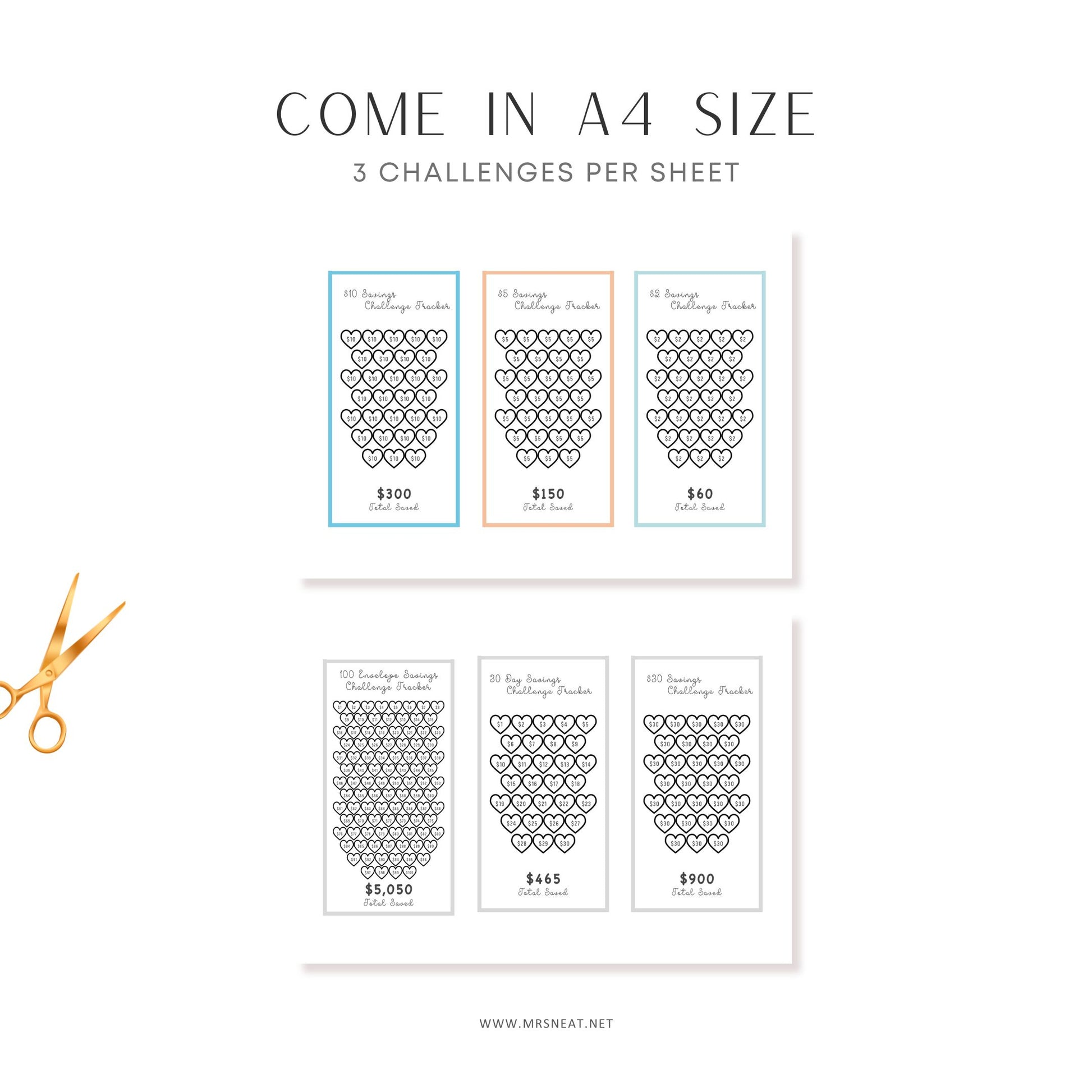A4 size sheet with money challenge designs and a pair of scissors on a white background.