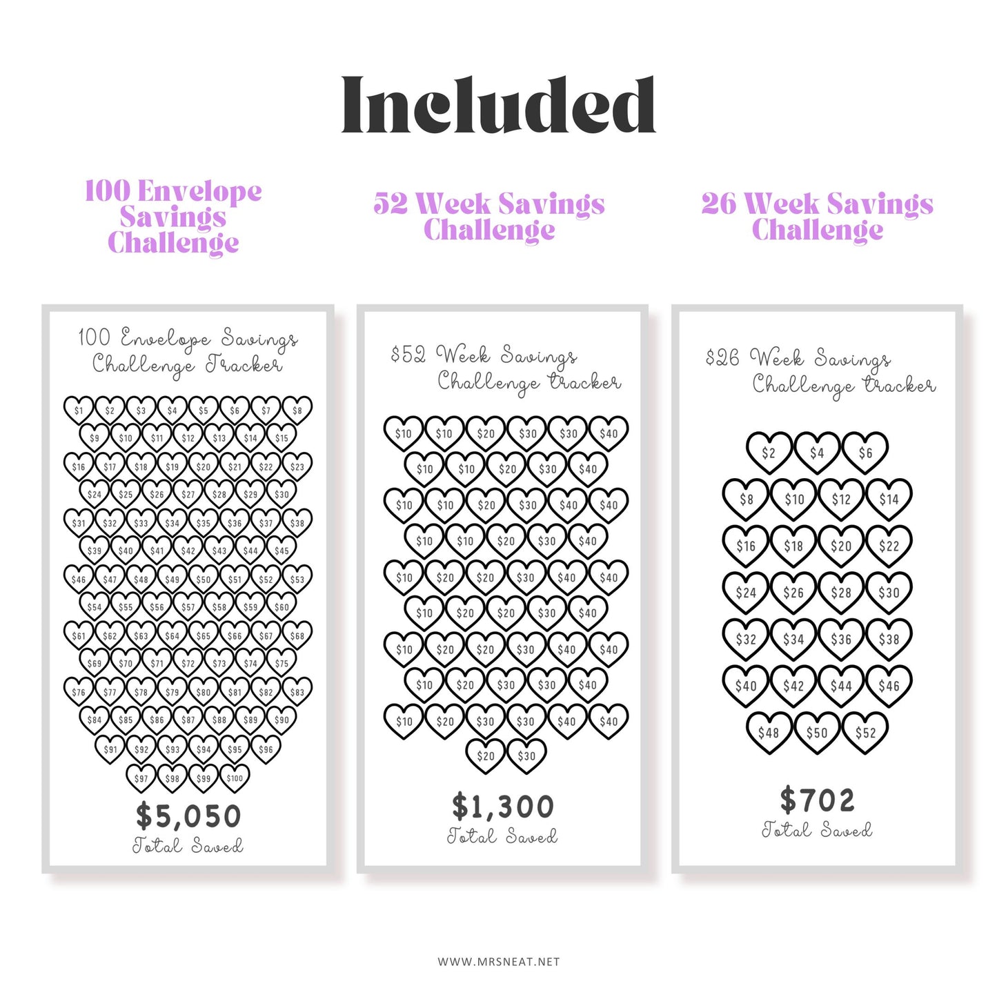 Three savings challenge trackers with heart designs on a white background