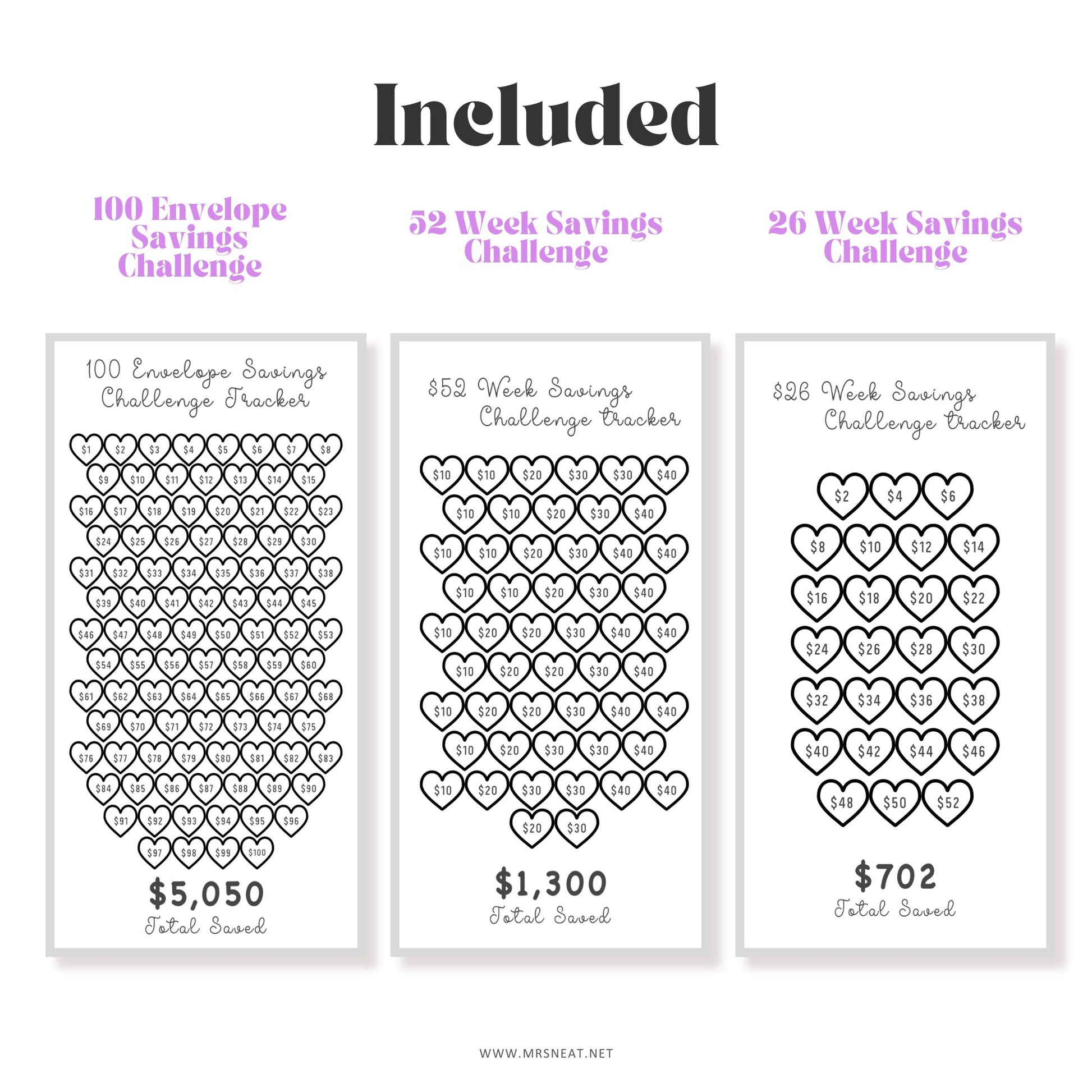 Three savings challenge trackers with heart designs on a white background