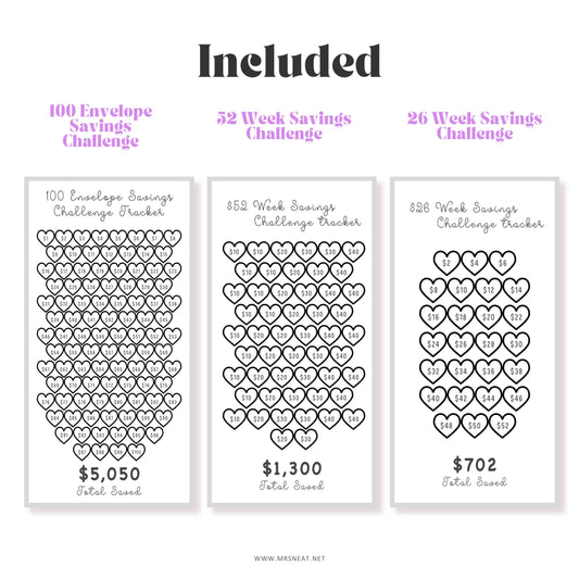 Three savings challenge trackers with heart designs on a white background
