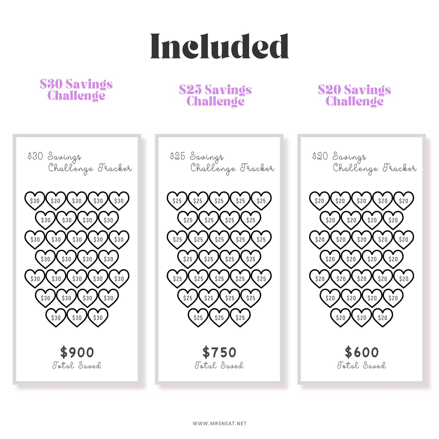 Three savings challenge trackers with heart designs and total savings amounts.