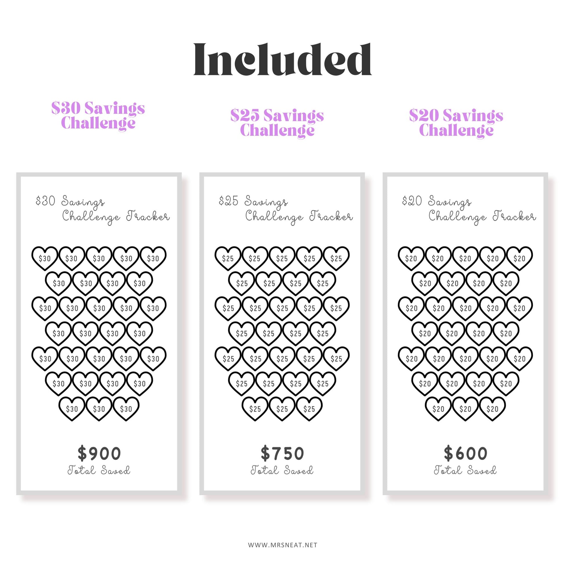 Three savings challenge trackers with heart designs and total savings amounts.