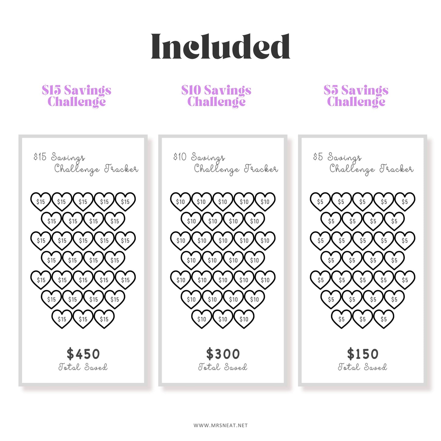 Three savings challenge trackers with heart designs on a white background
