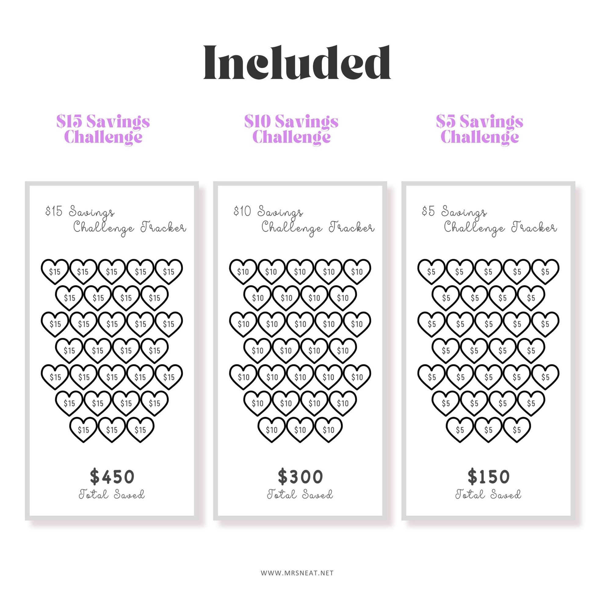 Three savings challenge trackers with heart designs on a white background
