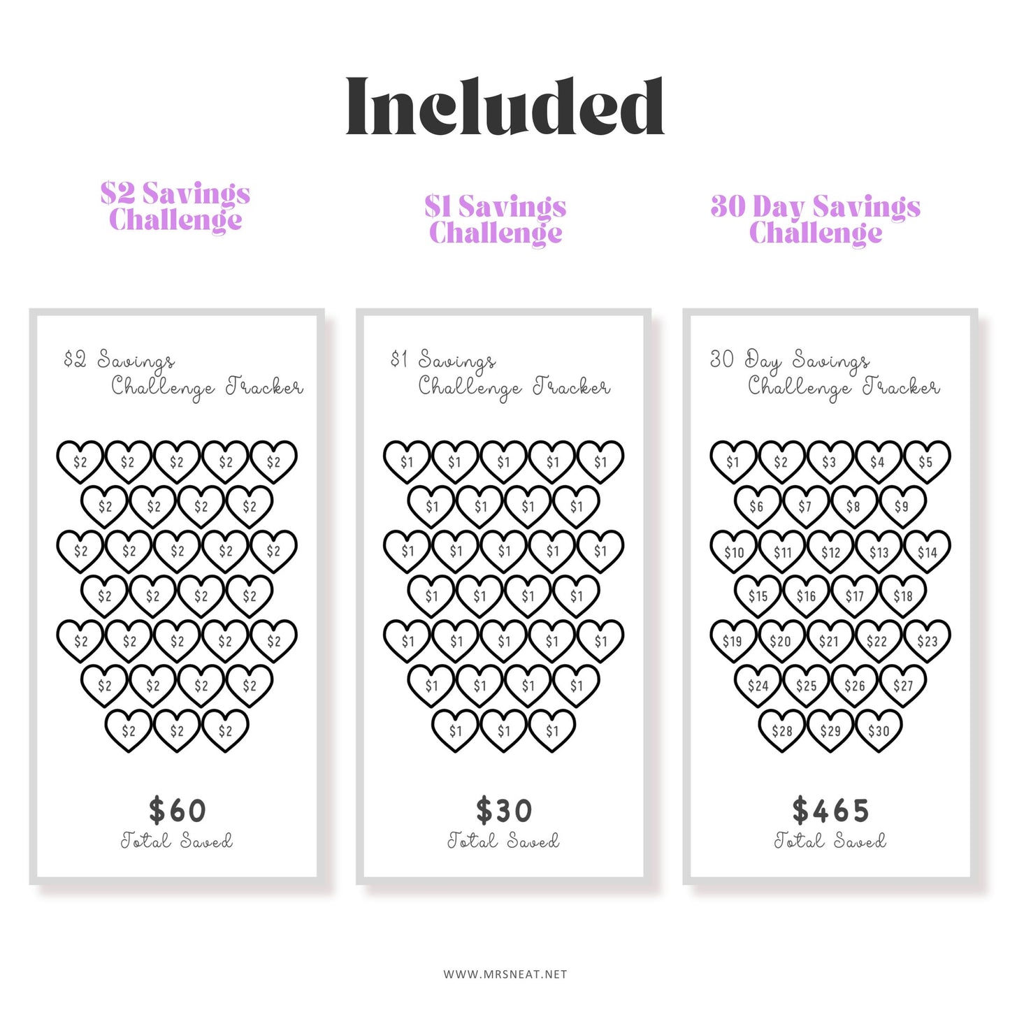 Three savings challenge trackers with heart designs and total savings amounts on a white background.